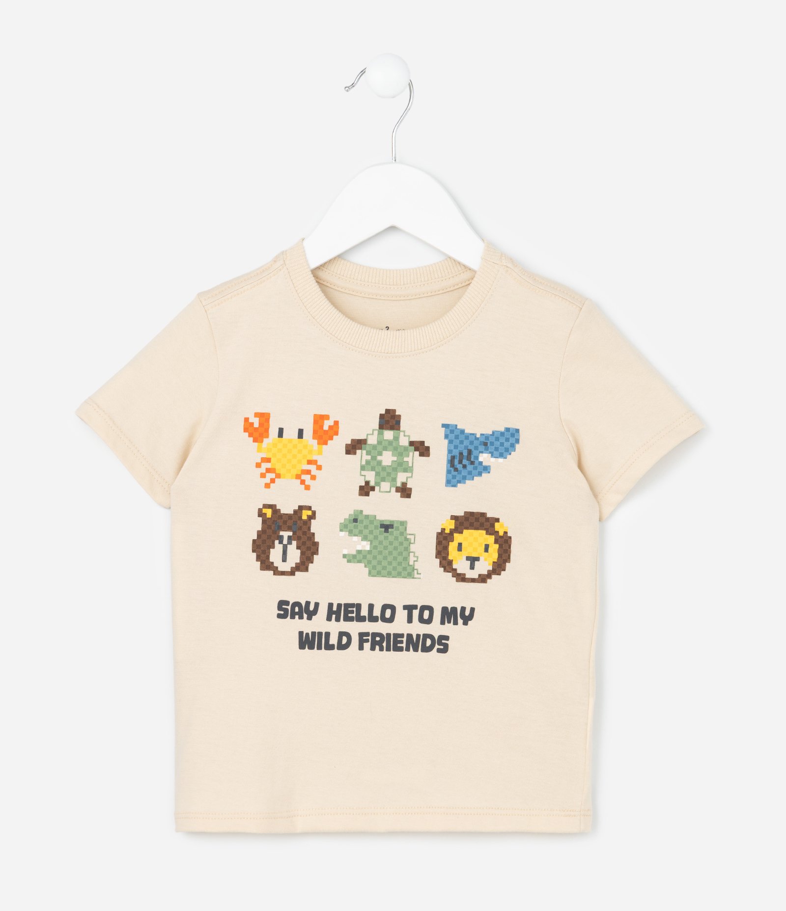 Camiseta Infantil com Estampa de Animais em Pixels - 1 a 6 Anos Bege 1
