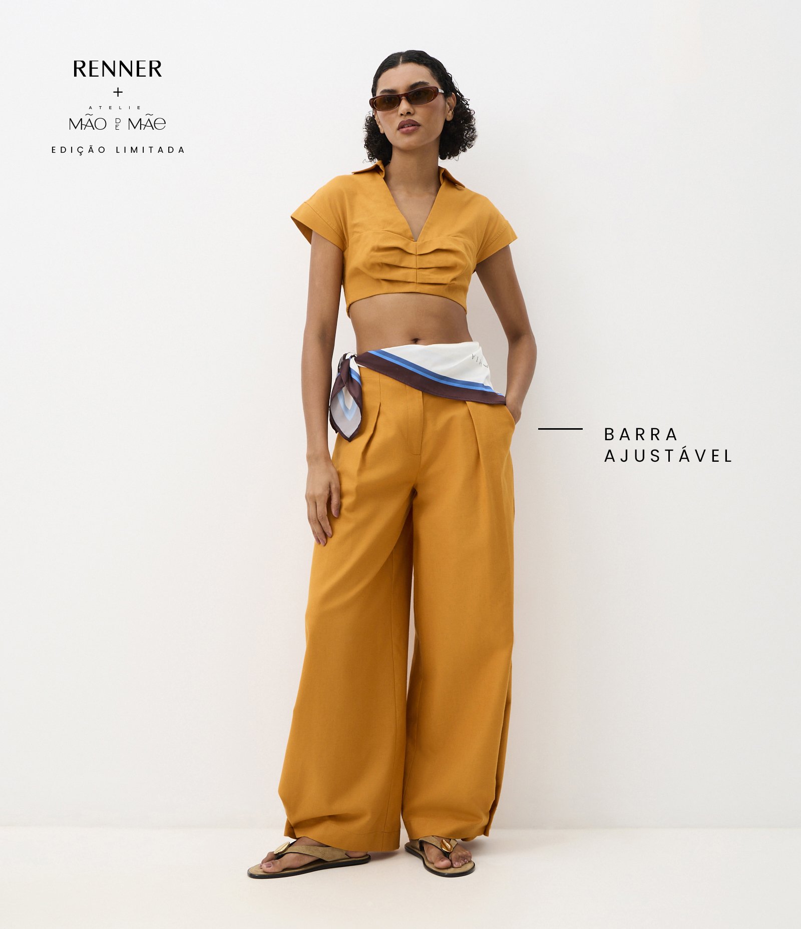 Calça em Algodão com Linho com Prega Ampla e Barra Larga Amarelo 1