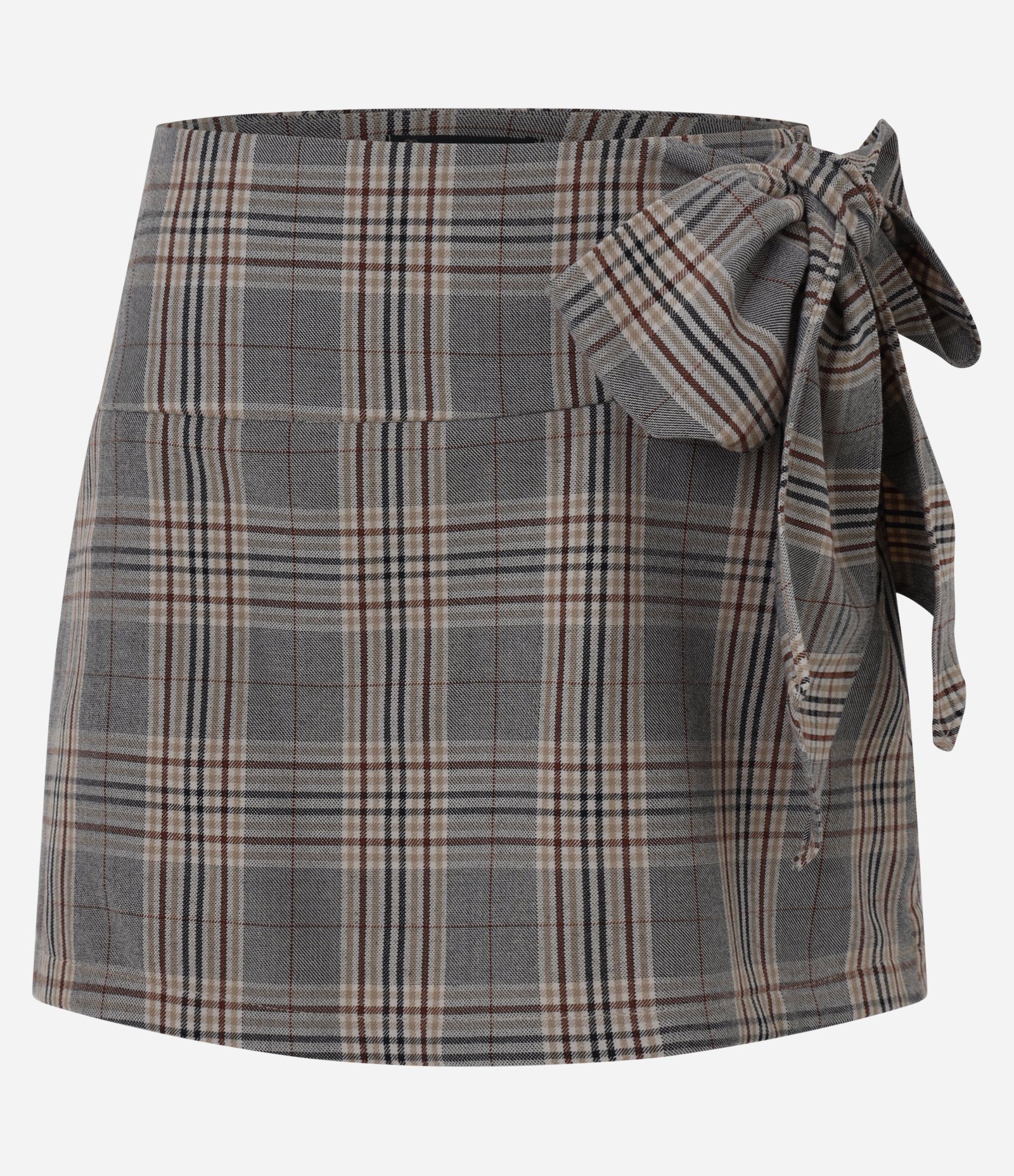 Saia Curta Evasê Alfaiatada com Amarração Frontal Estampa Xadrez Marrom 6
