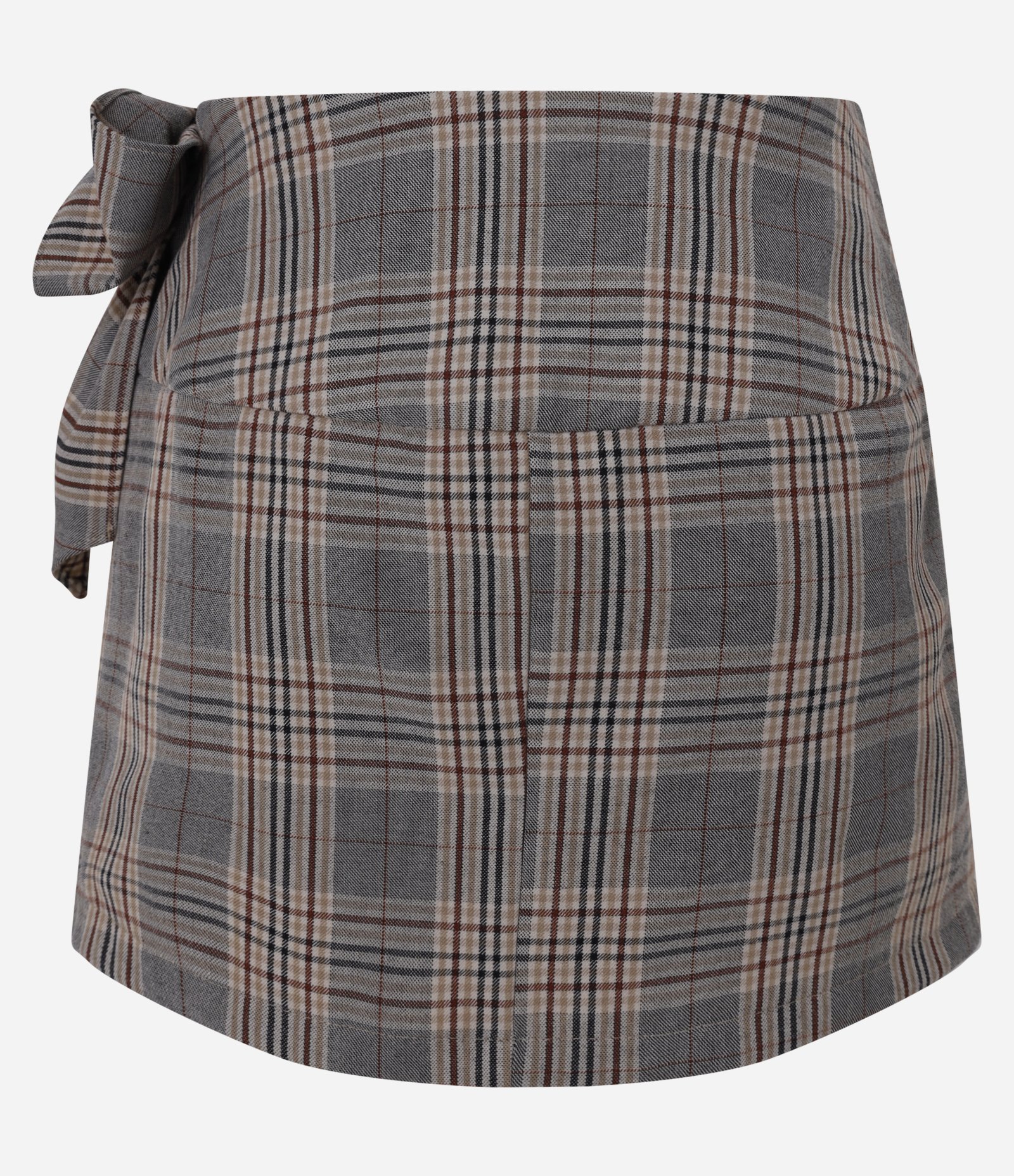 Saia Curta Evasê Alfaiatada com Amarração Frontal Estampa Xadrez Marrom 7