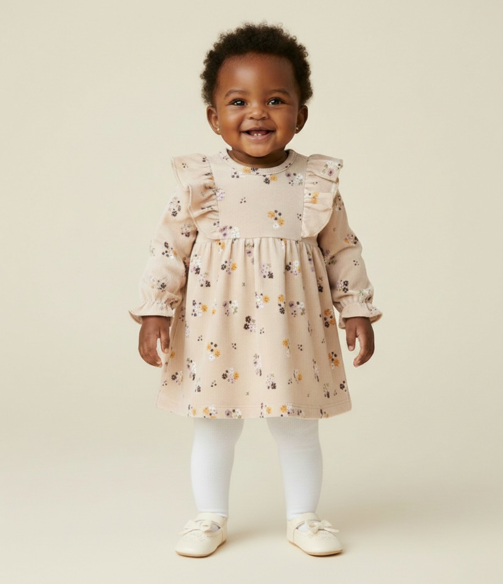 Vestido Infantil em Ribana Floral com Babado e Meia Calça – Tam 0 a 18 Meses Bege Claro 1