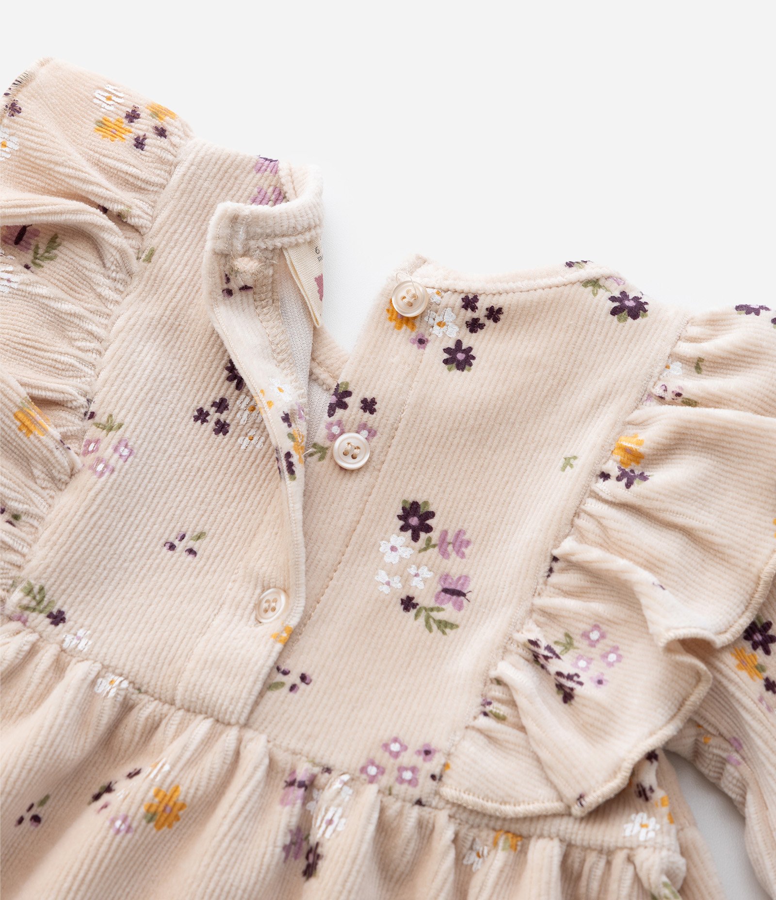 Vestido Infantil em Ribana Floral com Babado e Meia Calça – Tam 0 a 18 Meses Bege Claro 11
