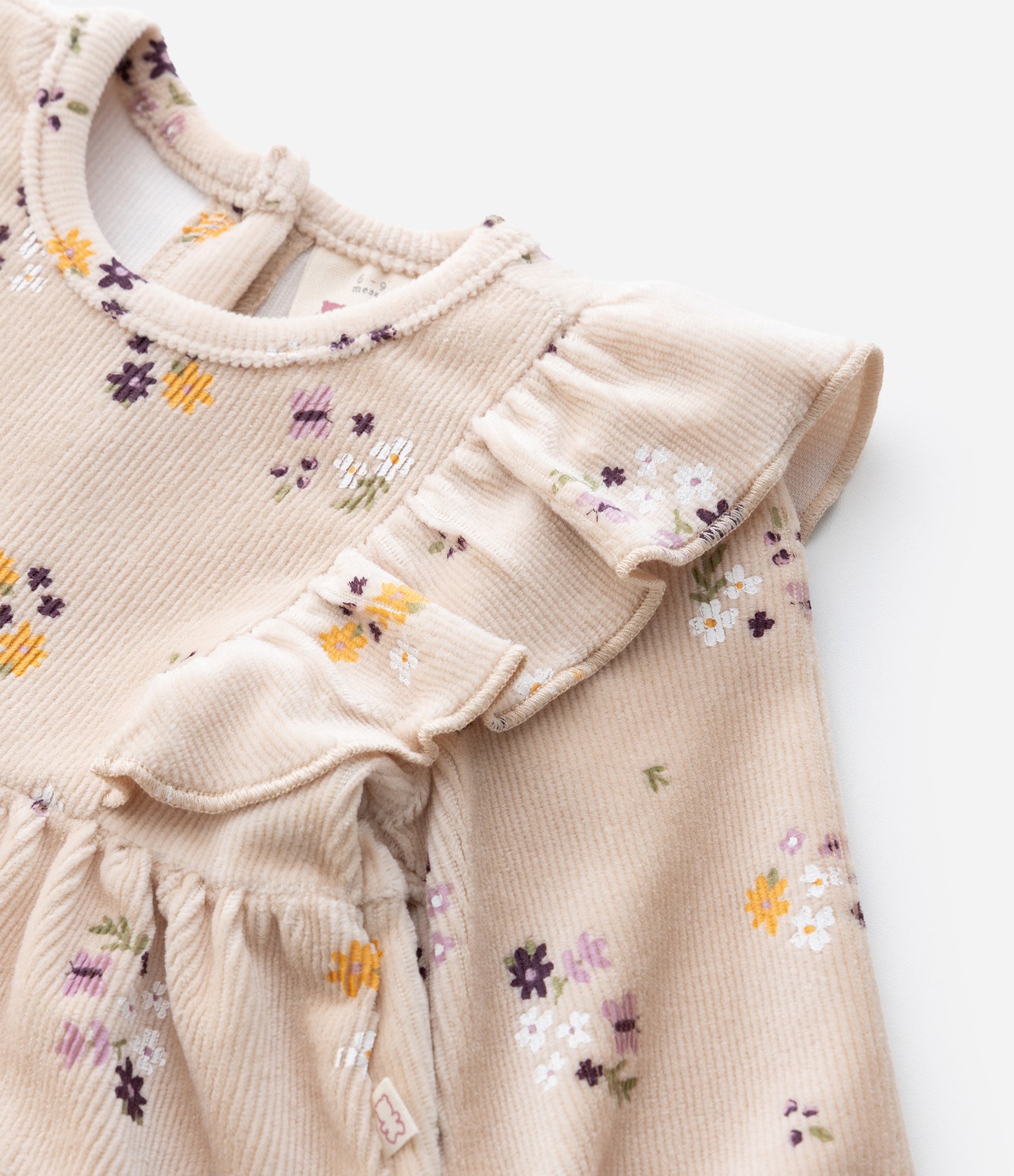 Vestido Infantil em Ribana Floral com Babado e Meia Calça – Tam 0 a 18 Meses Bege Claro 13