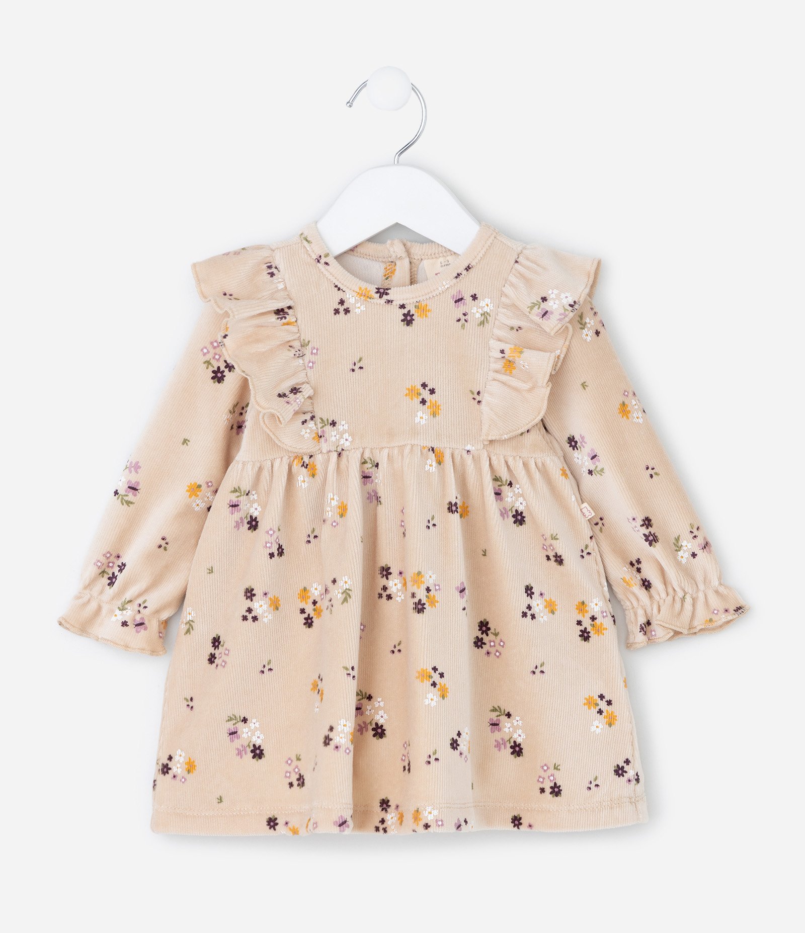 Vestido Infantil em Ribana Floral com Babado e Meia Calça – Tam 0 a 18 Meses Bege Claro 3