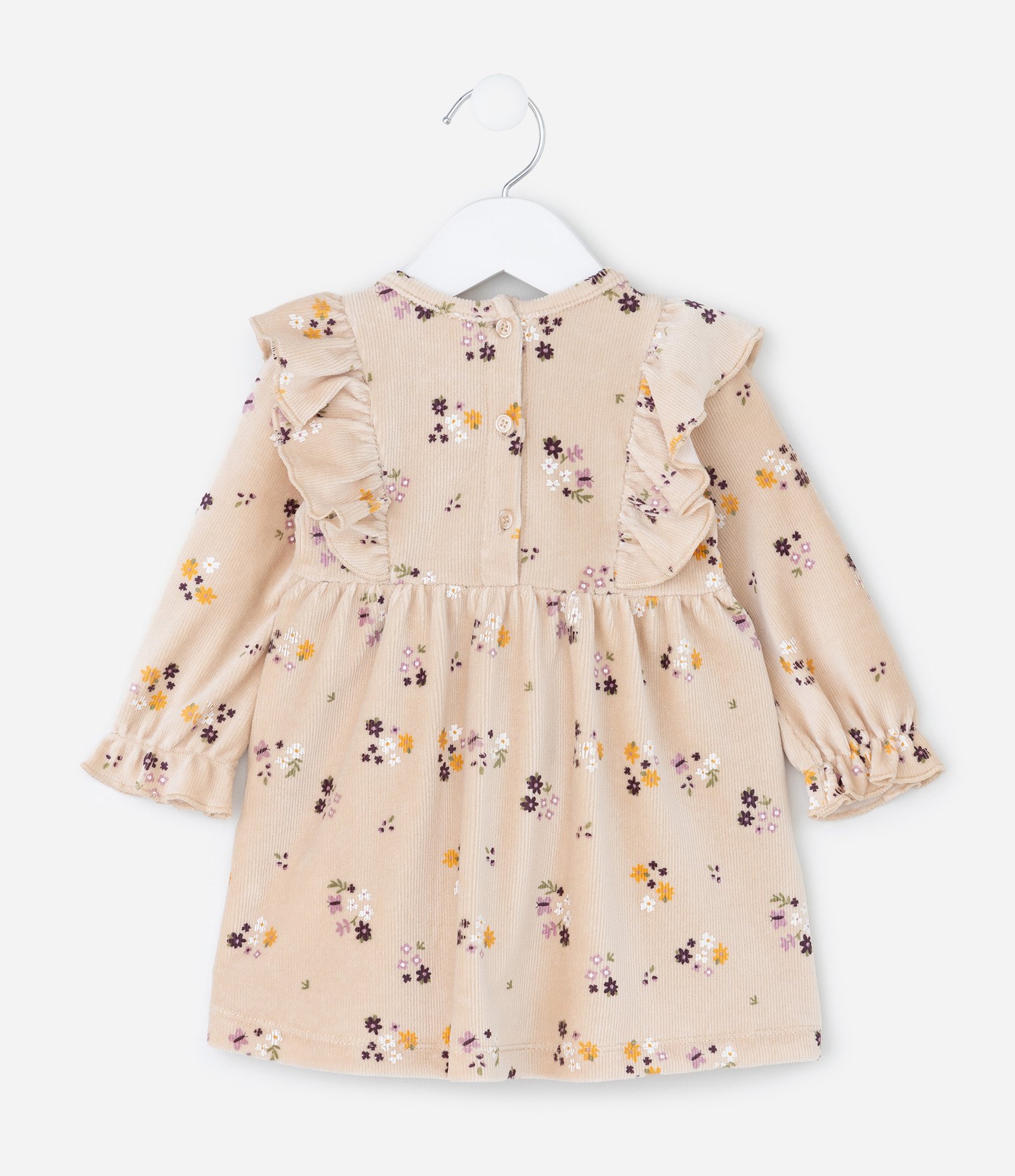 Vestido Infantil em Ribana Floral com Babado e Meia Calça – Tam 0 a 18 Meses Bege Claro 4