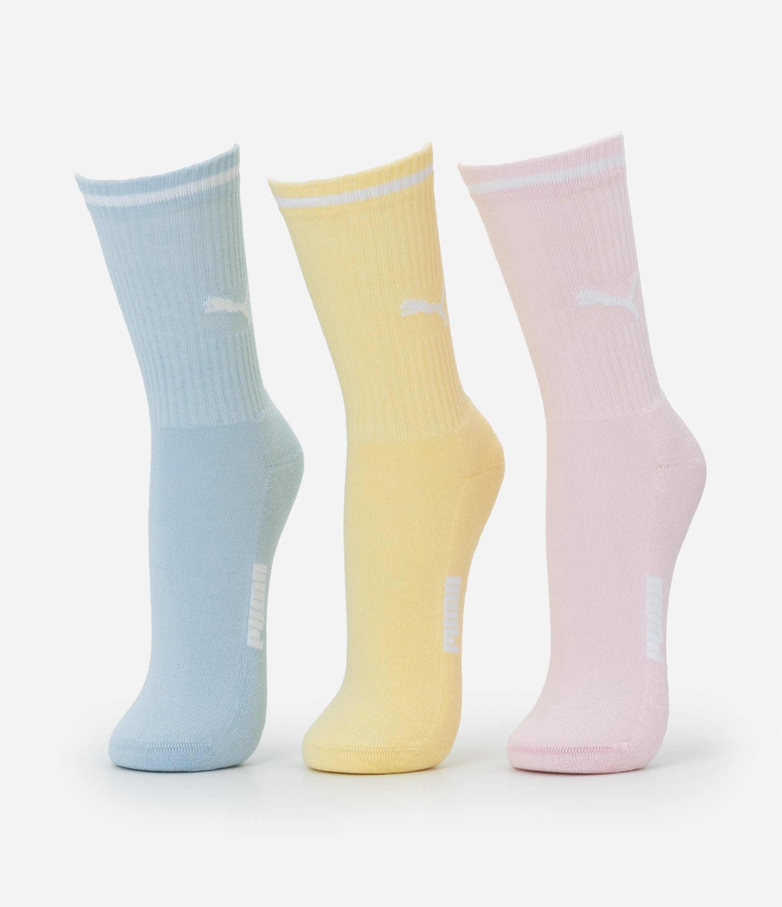 Kit 03 Meias Cano Alto Esportiva em Algodão Puma Azul/Amarela/Rosa 1