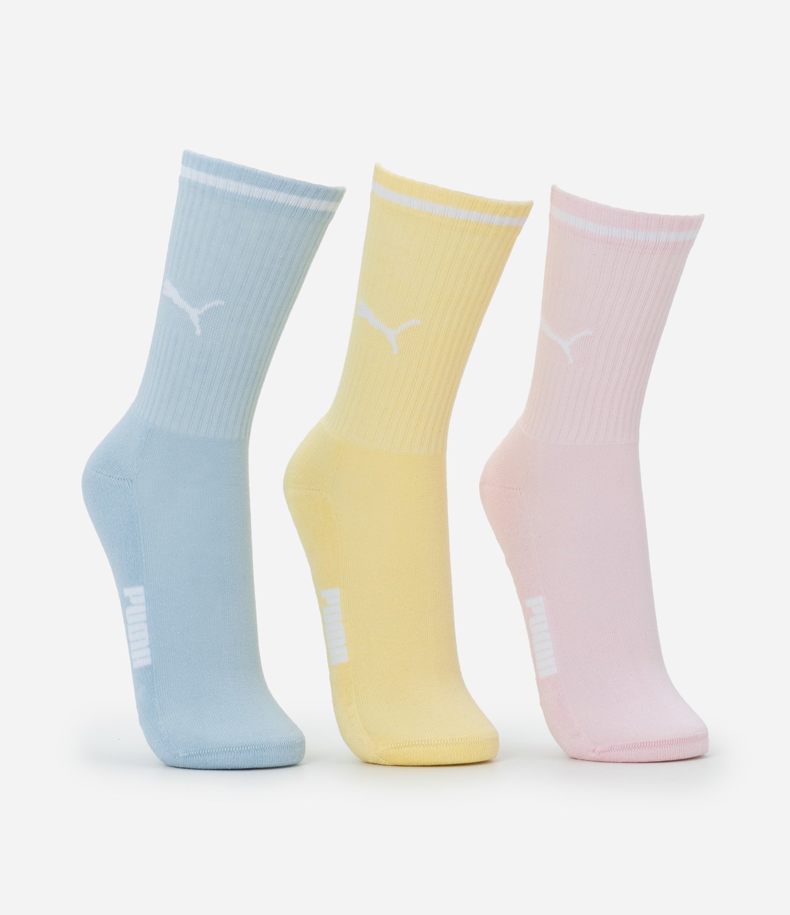 Kit 03 Meias Cano Alto Esportiva em Algodão Puma Azul/Amarela/Rosa 2