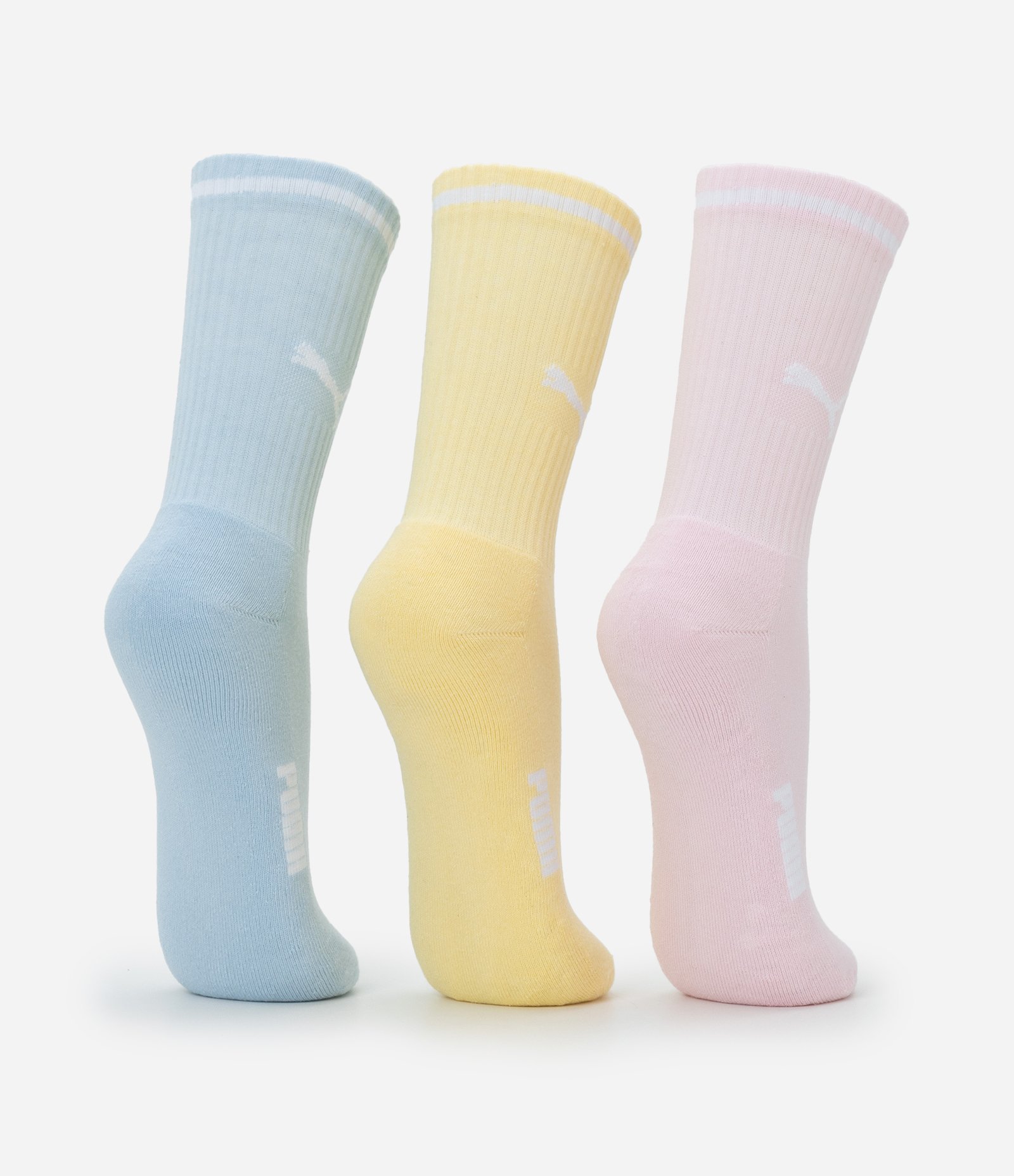 Kit 03 Meias Cano Alto Esportiva em Algodão Puma Azul/Amarela/Rosa 3