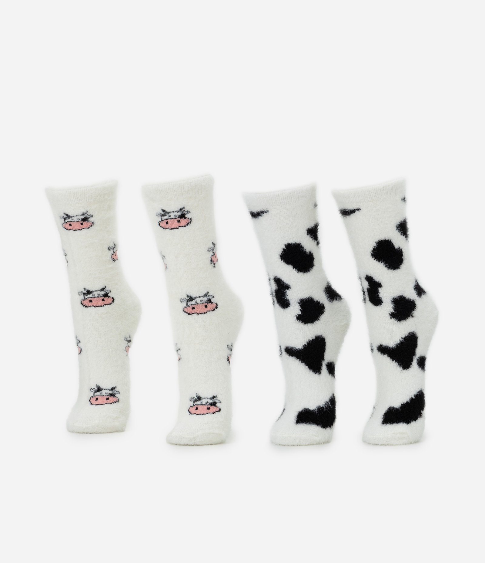 Kit 02 Meias Peludinhas de Cano Alto e Estampa Vaca Off White 1