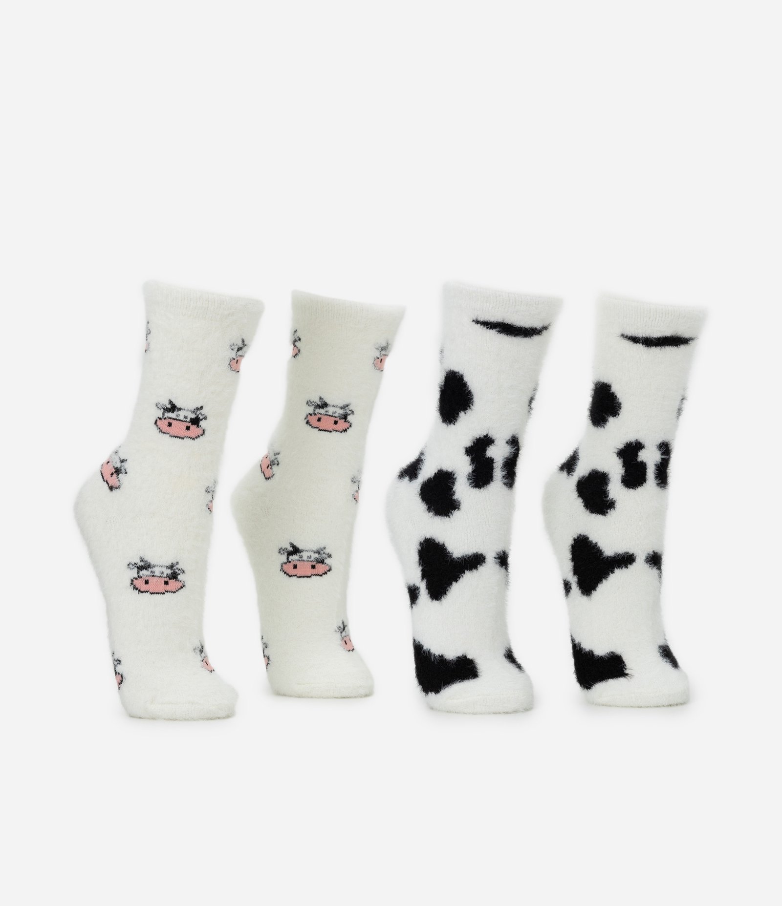 Kit 02 Meias Peludinhas de Cano Alto e Estampa Vaca Off White 2