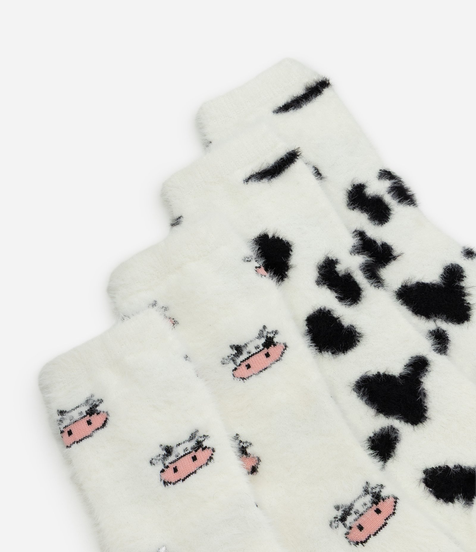 Kit 02 Meias Peludinhas de Cano Alto e Estampa Vaca Off White 4