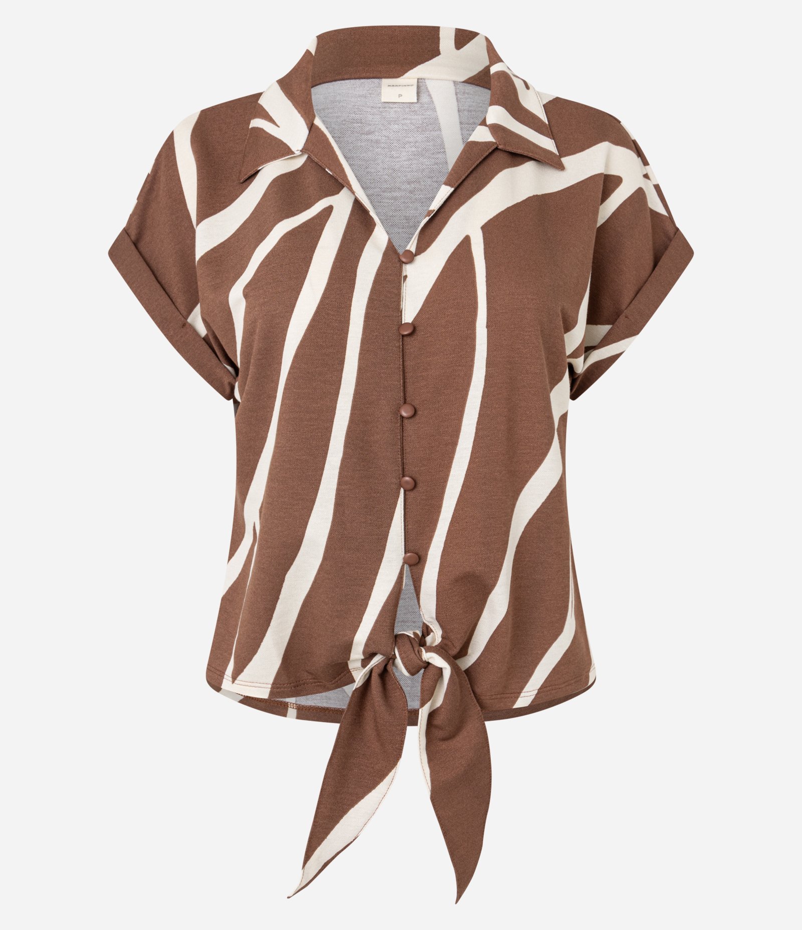 Blusa em Viscolycra com Amarração e Estampa Abstrata Marrom/Off White 5