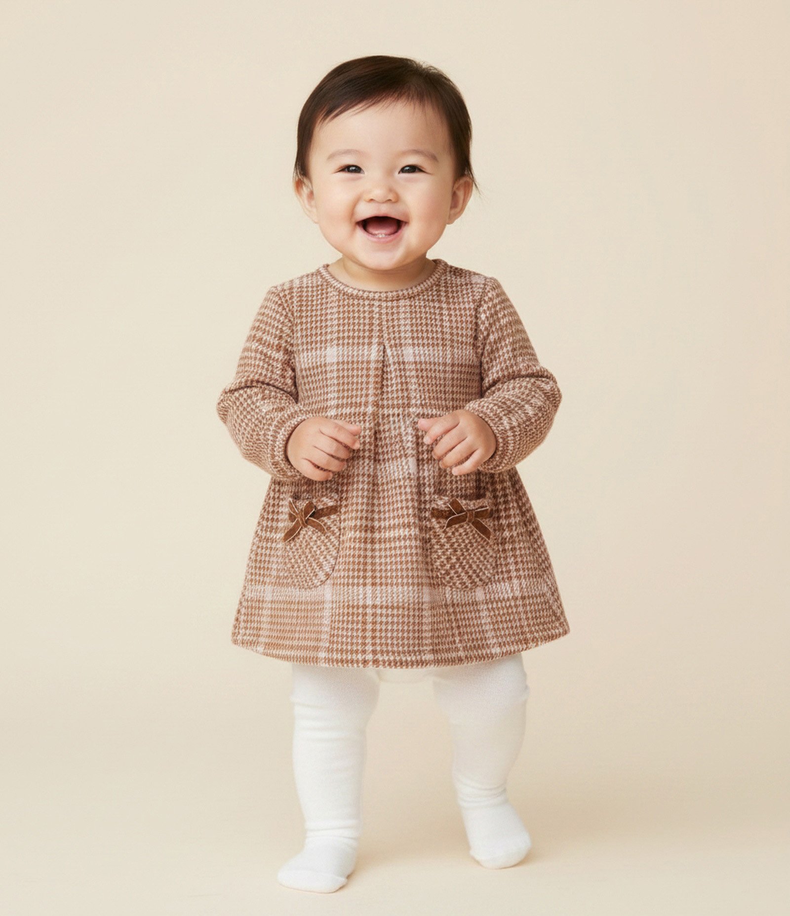 Vestido Bebê Manga Longa Xadrez com Meia-Calça – Tam 0 a 18 Meses Marrom/Branco 1