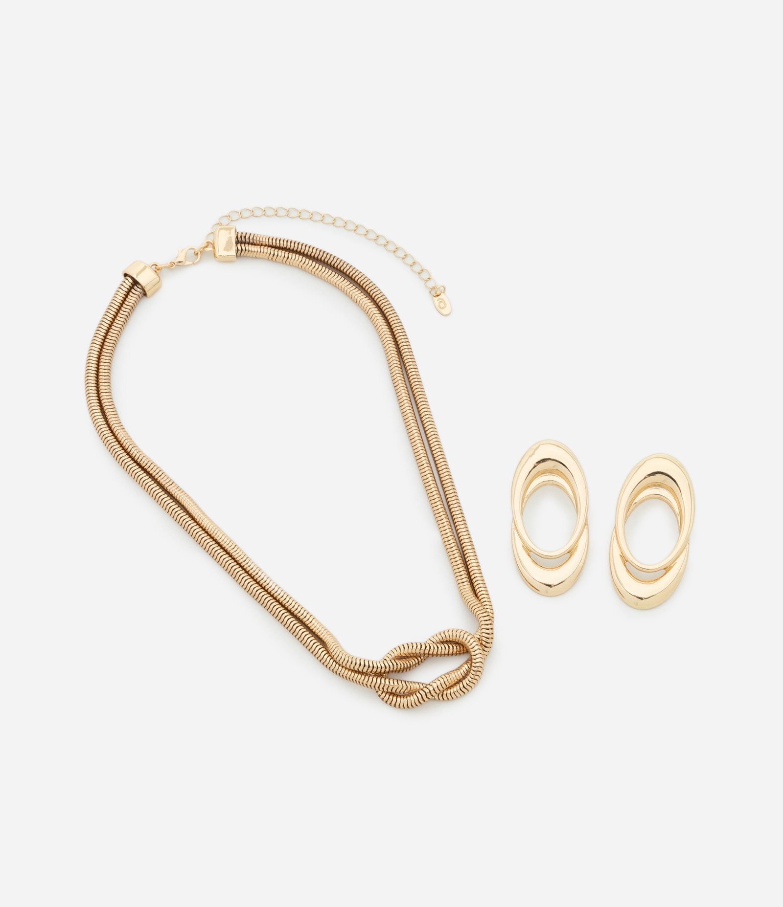 Conjunto de Colar Duplo com Nó e Brinco Oval Vazado Dourado 2