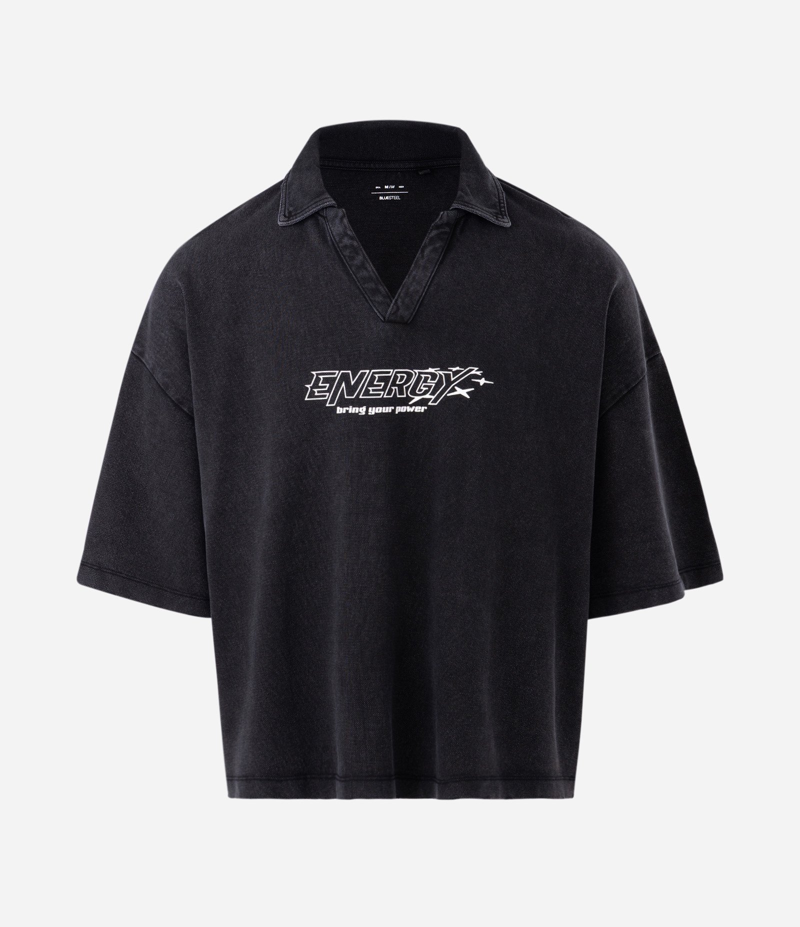Camiseta Overboxy em Piquet com Gola Polo e Lettering Energy Preto 5