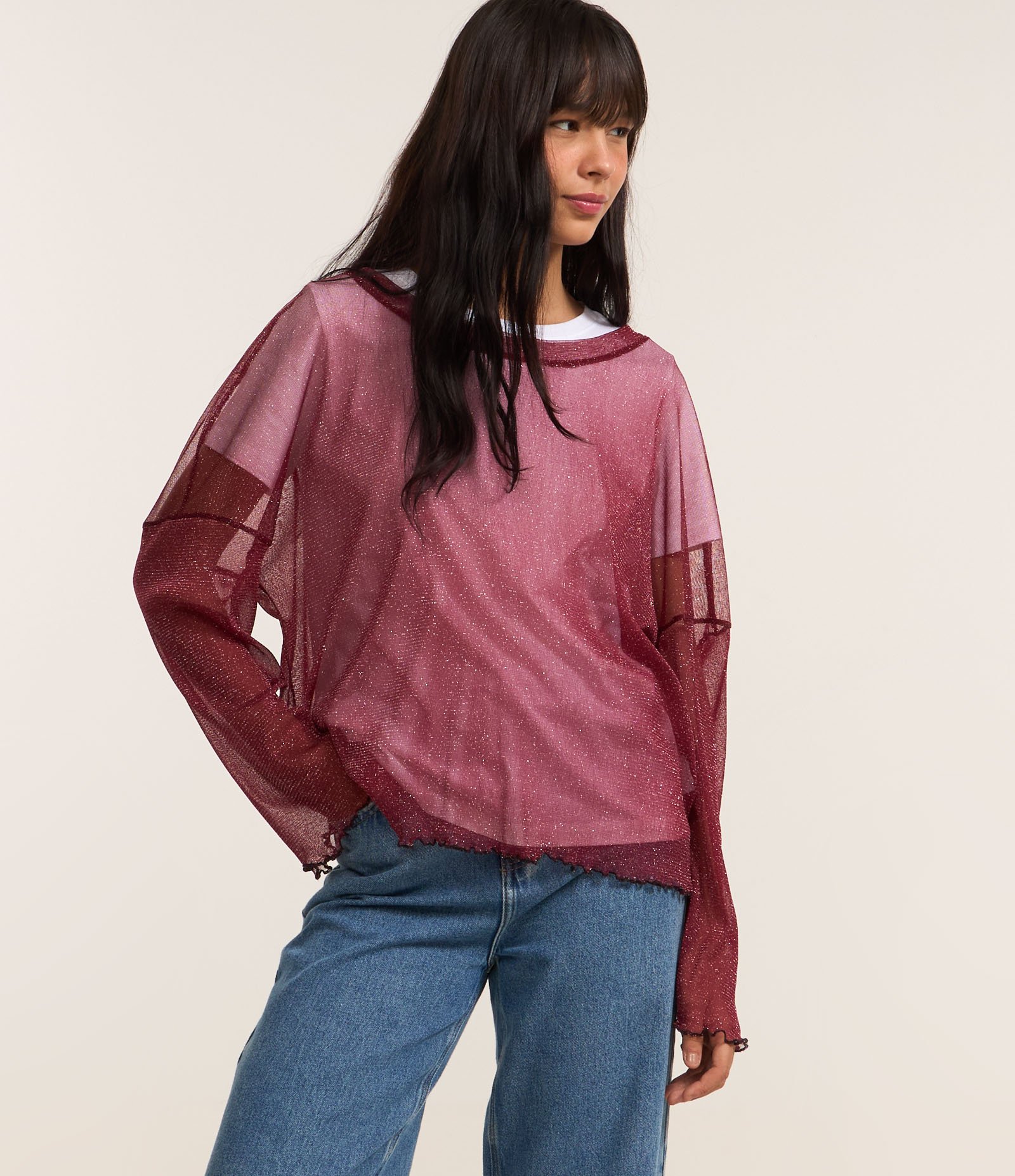 Blusa em Tule com Brilho e Manga Longa Vermelho 1