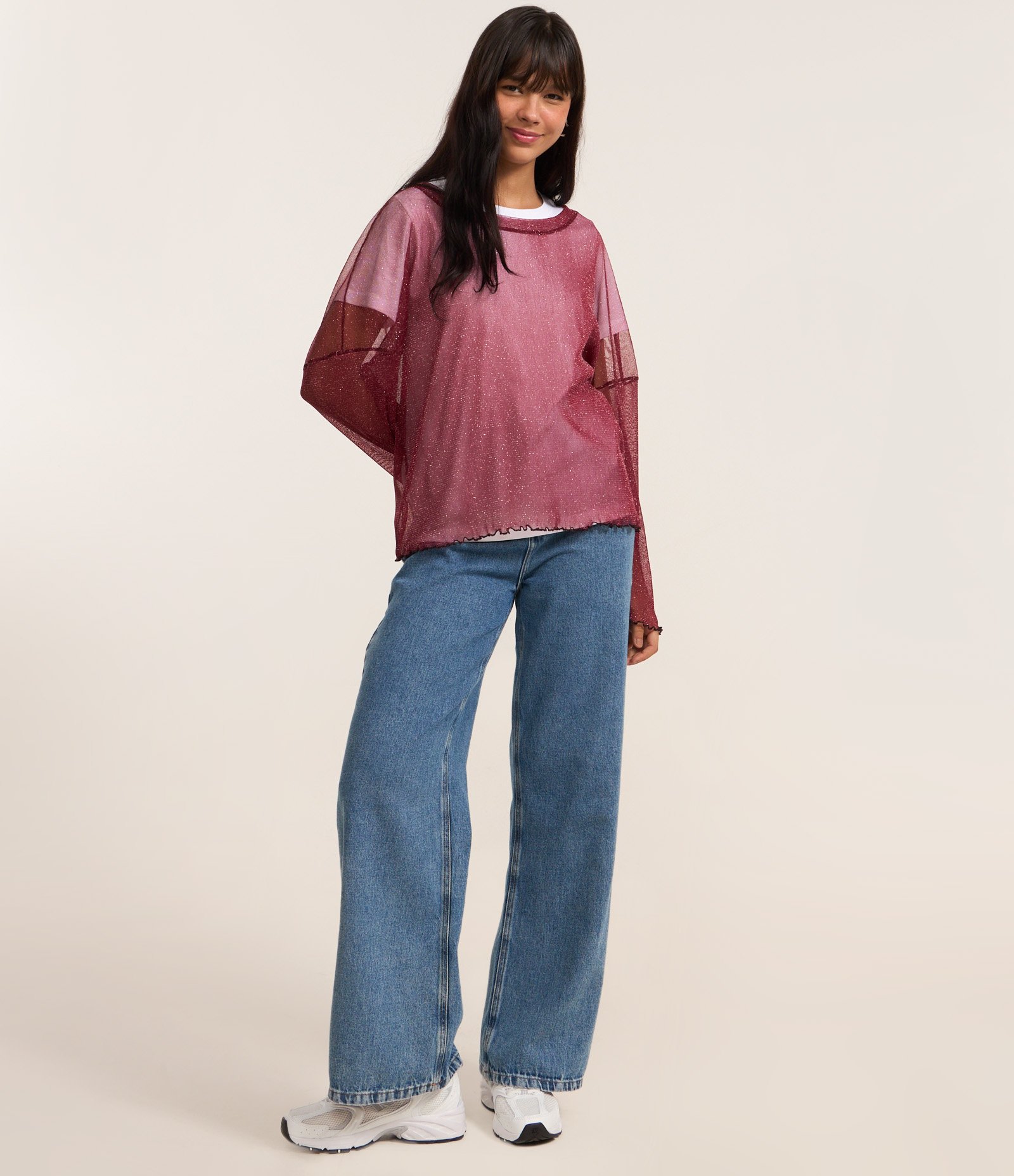 Blusa em Tule com Brilho e Manga Longa Vermelho 2