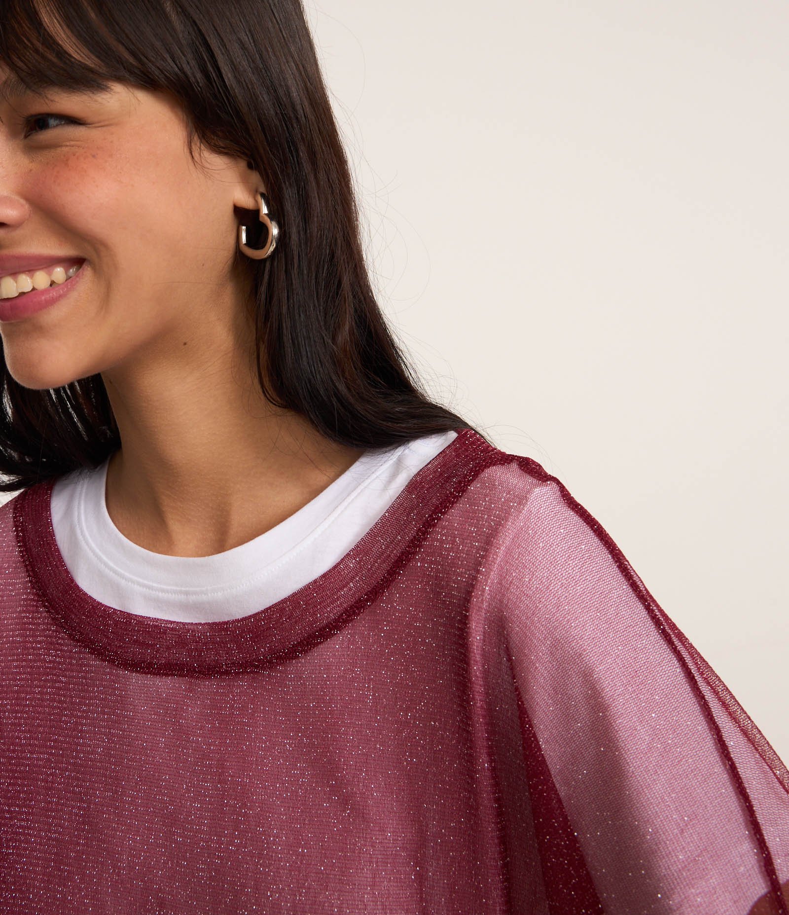 Blusa em Tule com Brilho e Manga Longa Vermelho 3