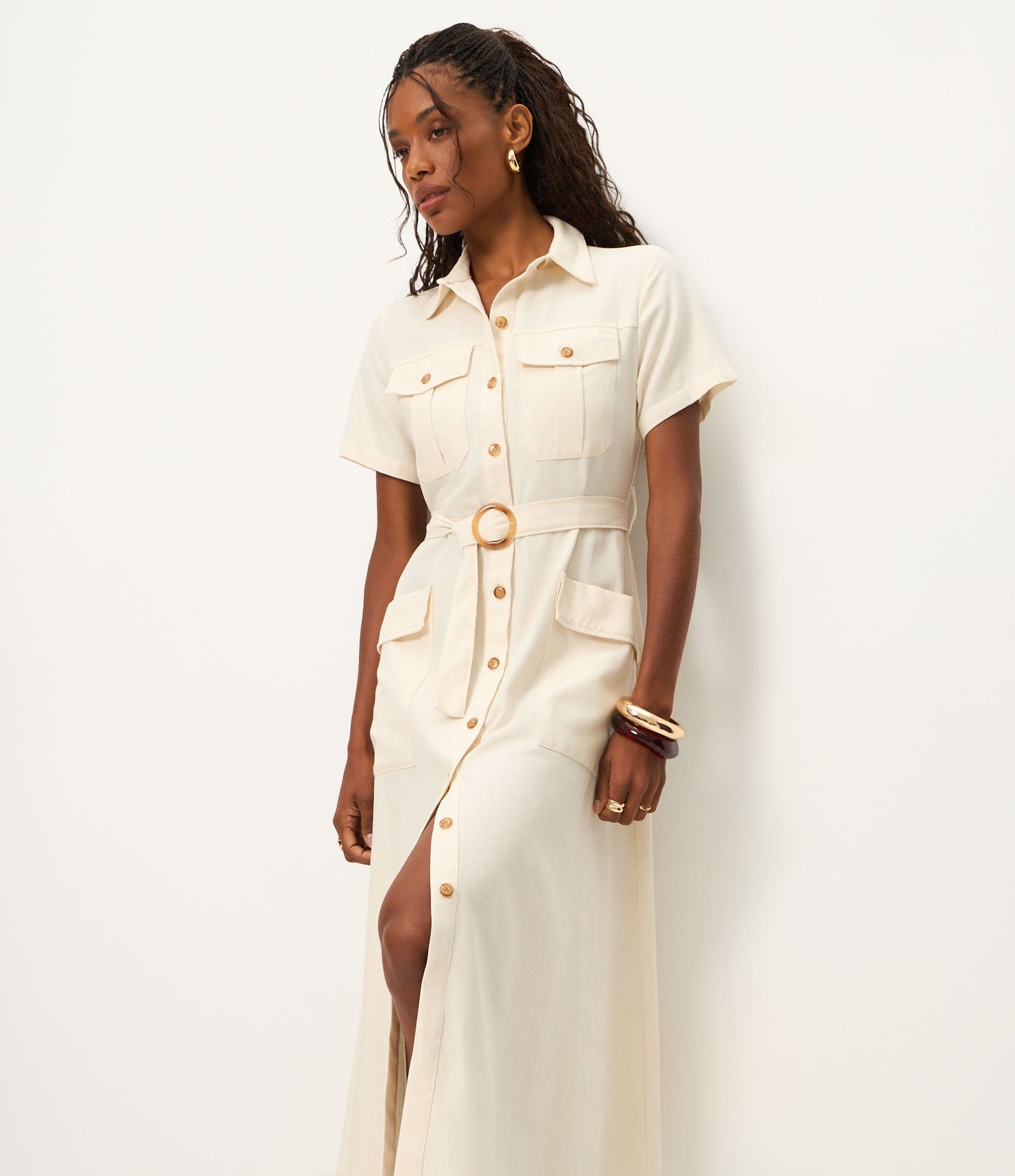 Vestido Midi Manga Curta em Sarja com Bolsos Utilitários Off White 1