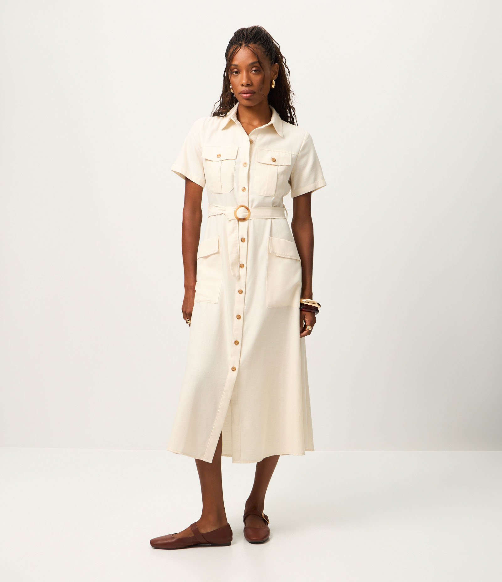 Vestido Midi Manga Curta em Sarja com Bolsos Utilitários Off White 2