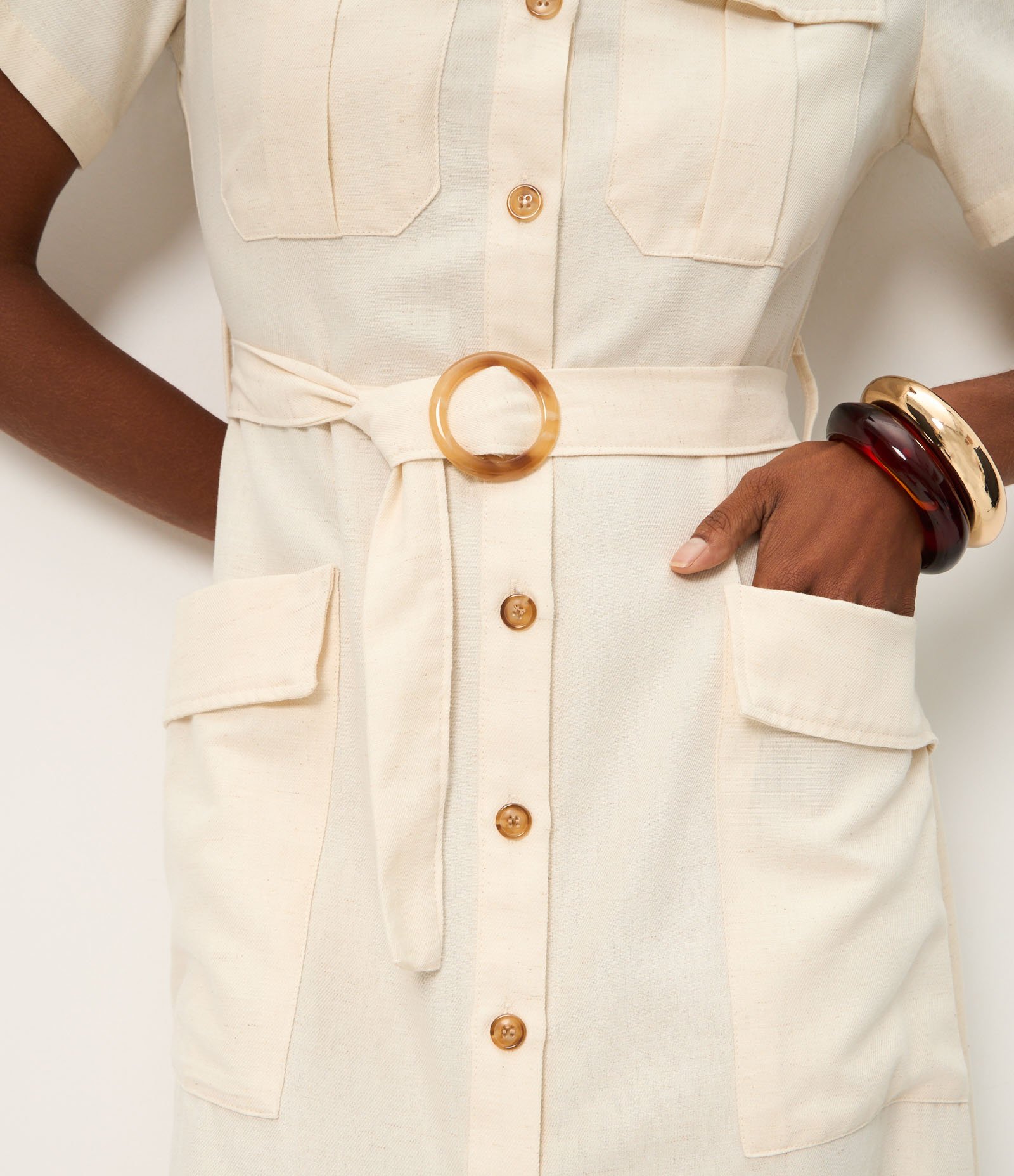 Vestido Midi Manga Curta em Sarja com Bolsos Utilitários Off White 4