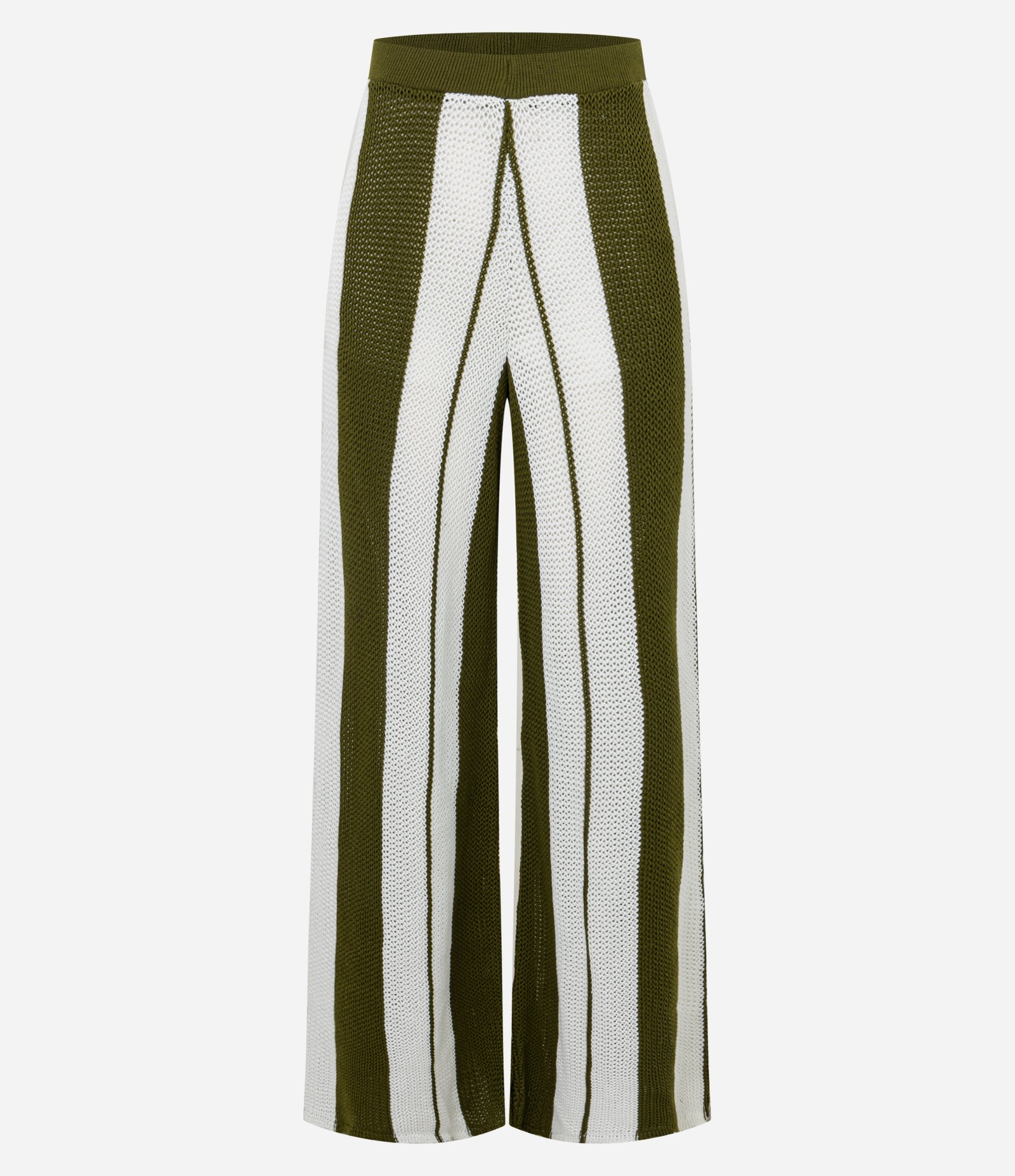 Calça Evasê em Tricô com Ponto Aberto e Listras Bicolor Verde/Branco 5