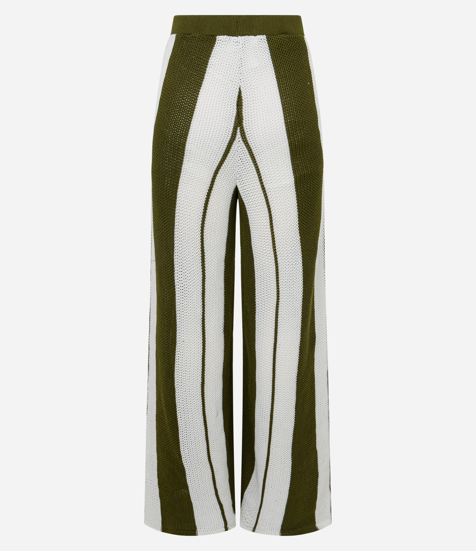 Calça Evasê em Tricô com Ponto Aberto e Listras Bicolor Verde/Branco 8