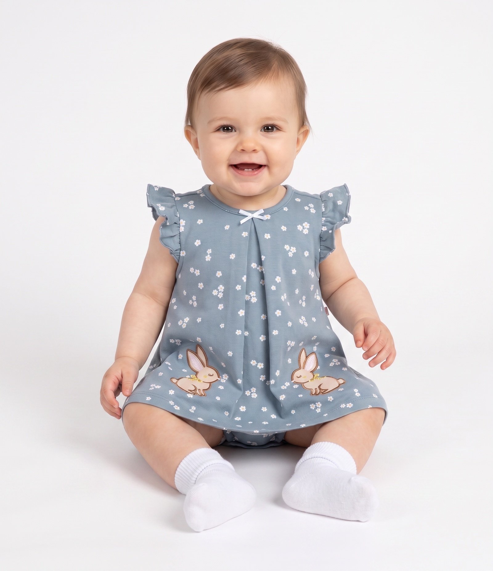 Vestido Body Bebê com Estampa Poá e Bordado Coelhinho – Tam 0 a 18 Meses Azul 1