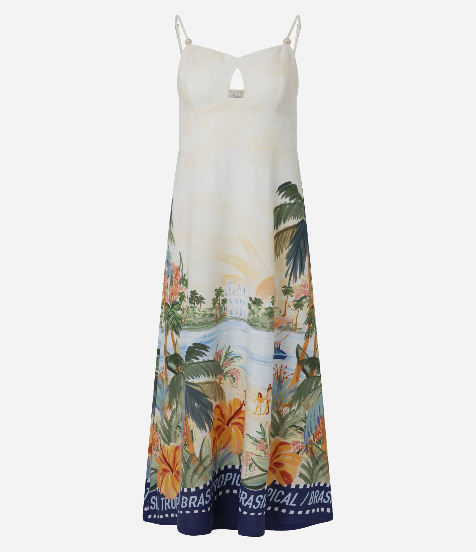 Vestido New Midi com Alcinha Dupla e Estampa Tropical Off White 5