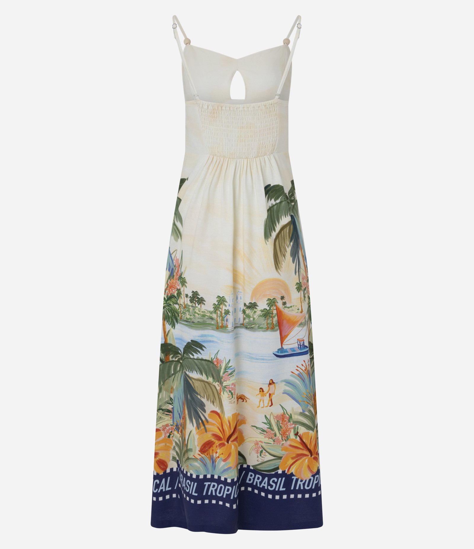 Vestido New Midi com Alcinha Dupla e Estampa Tropical Off White 6