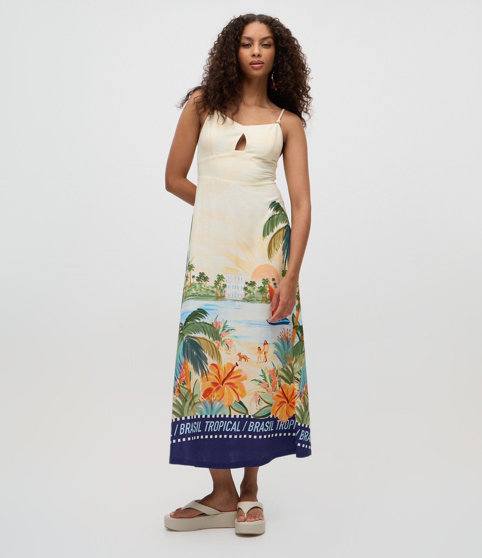 Vestido New Midi com Alcinha Dupla e Estampa Tropical Off White 1