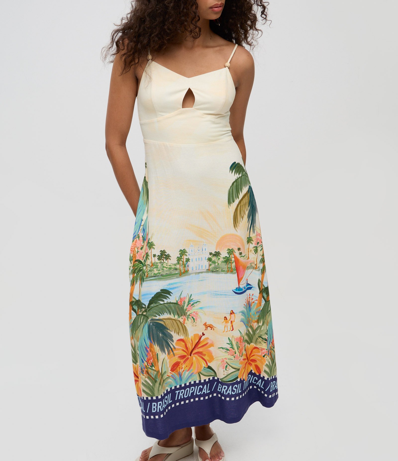 Vestido New Midi com Alcinha Dupla e Estampa Tropical Off White 2