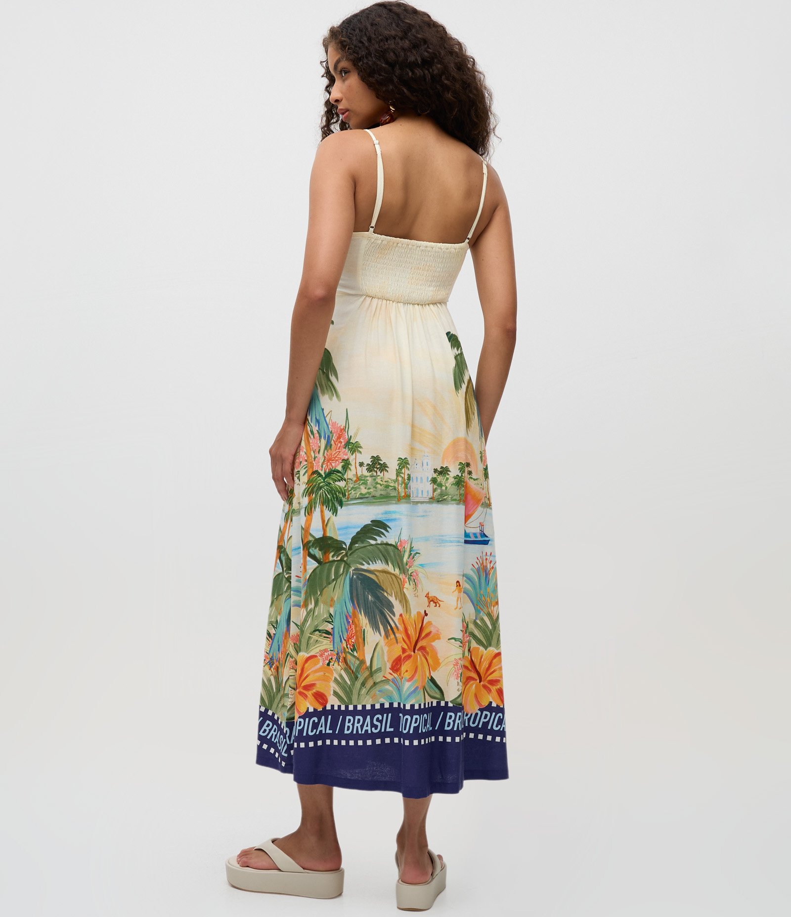Vestido New Midi com Alcinha Dupla e Estampa Tropical Off White 4