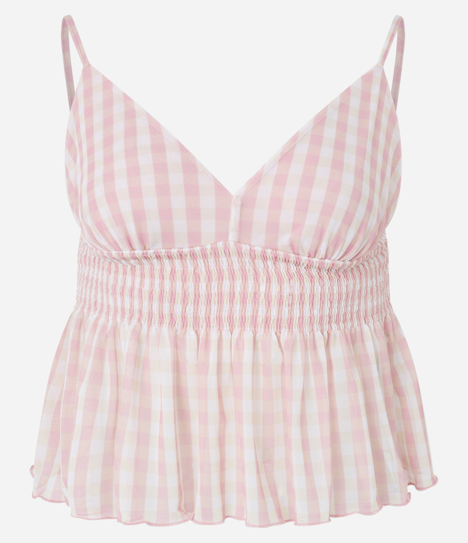 Blusa em Tule com Decote em V Alças Finas e Xadrez Vichy Rosa 1