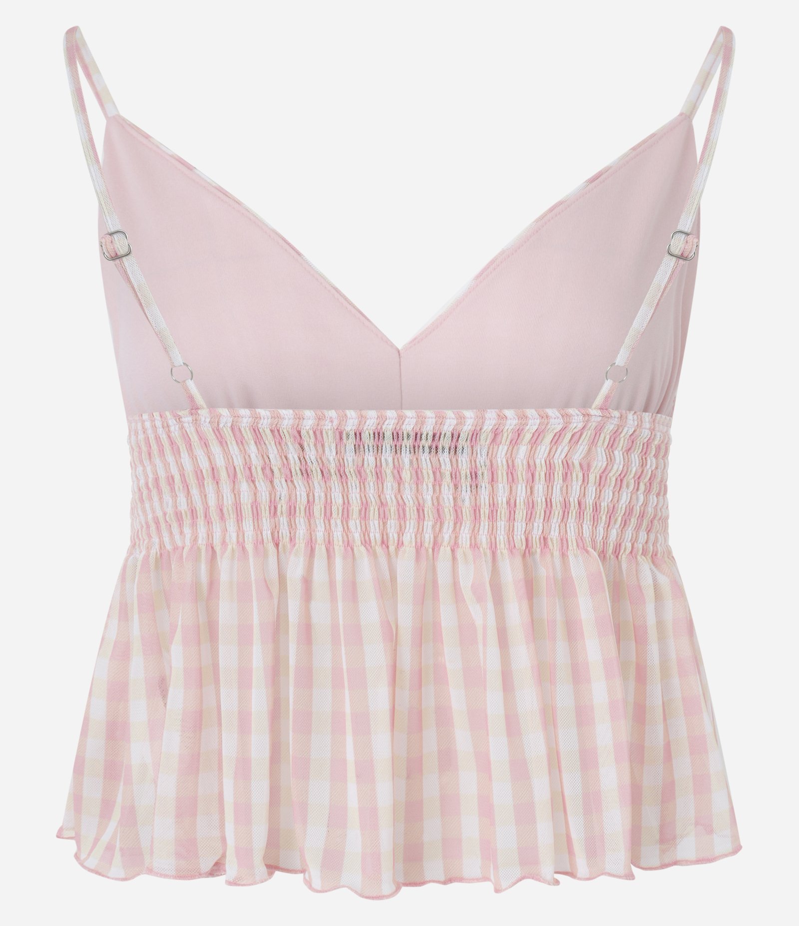 Blusa em Tule com Decote em V Alças Finas e Xadrez Vichy Rosa 2