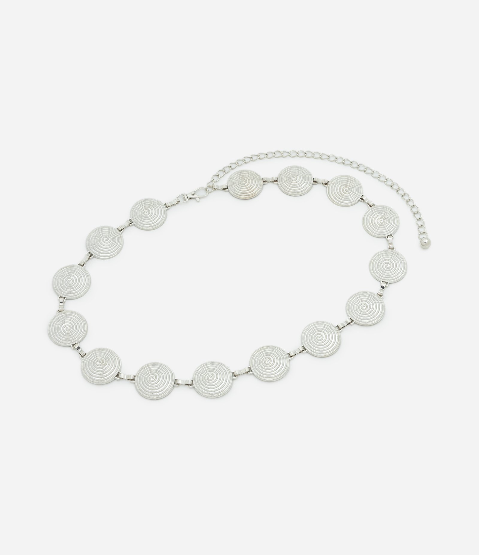 Cinto Estreito em Corrente de Metal com Moedas Texturizadas Prata 1