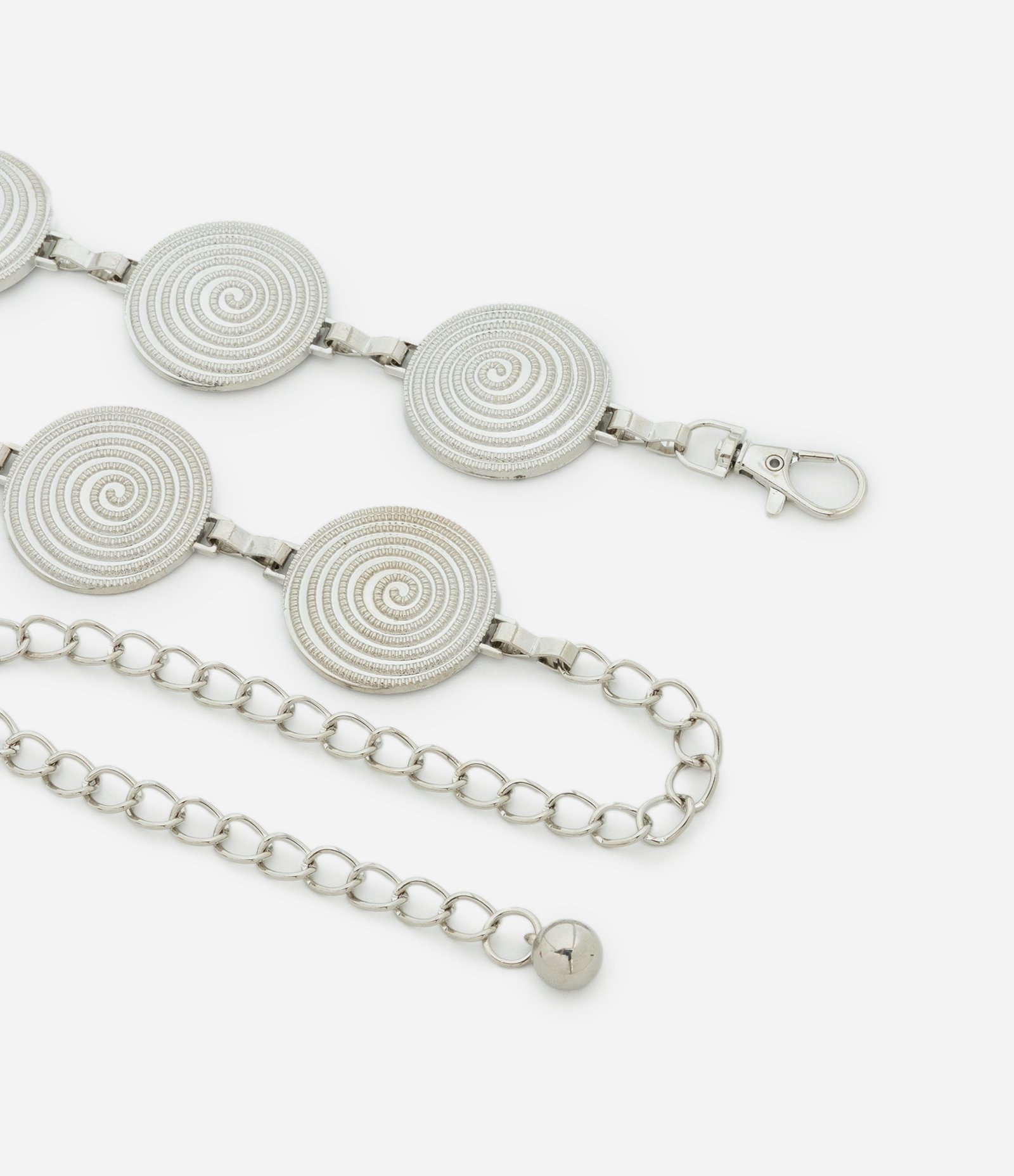 Cinto Estreito em Corrente de Metal com Moedas Texturizadas Prata 2