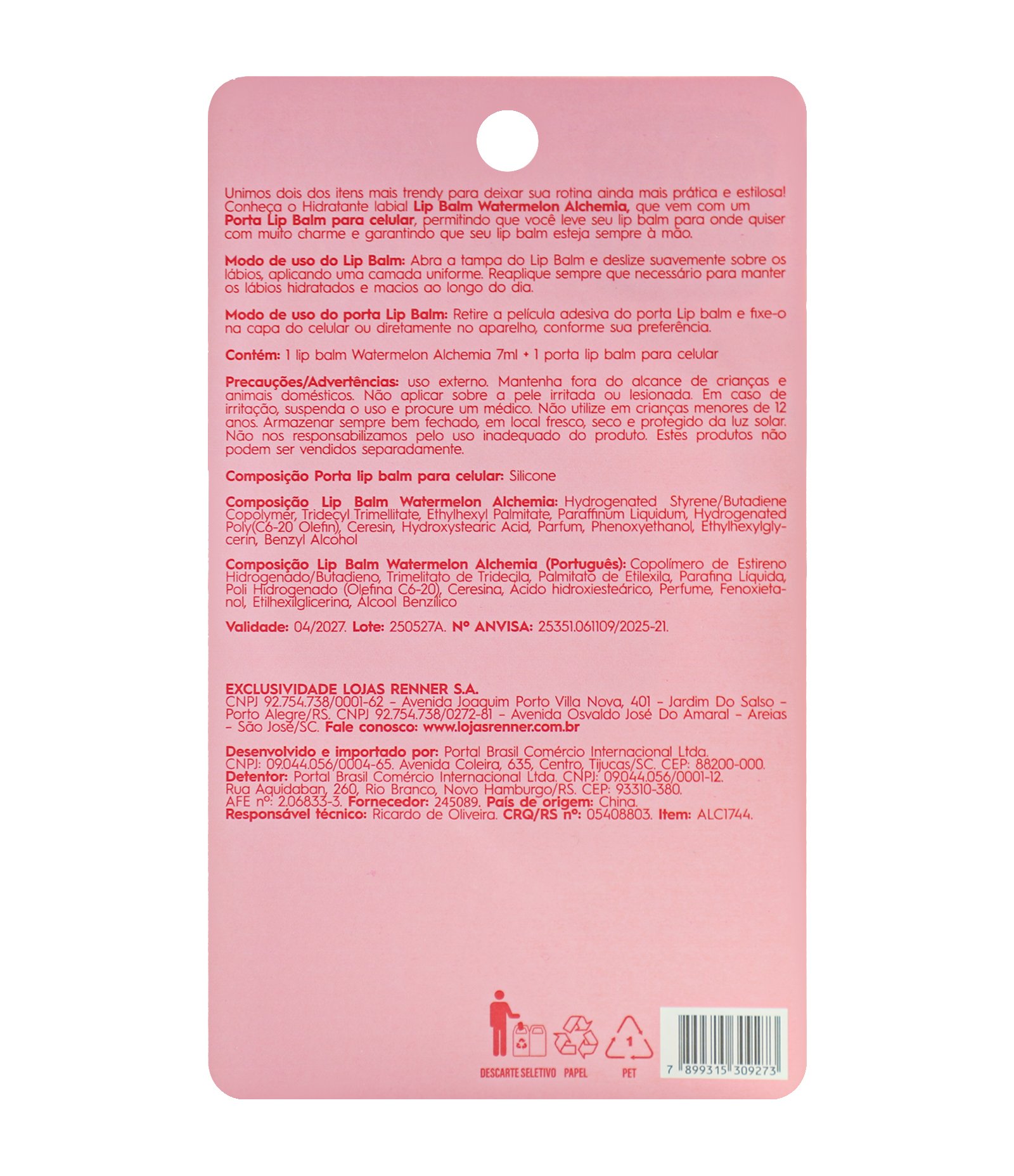 Lip Balm com Holder Alchemia Self Love Watermelon Vermelho 2