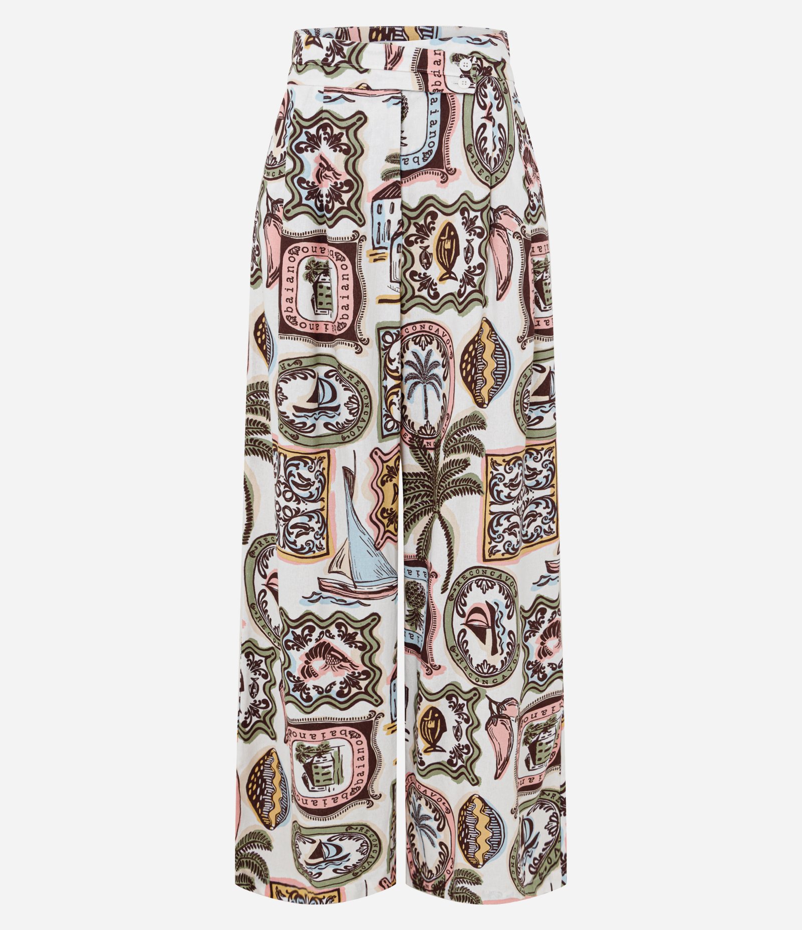 Calça Wide Leg em Viscolinho Estampa Reconcavo Baiano Off White 1