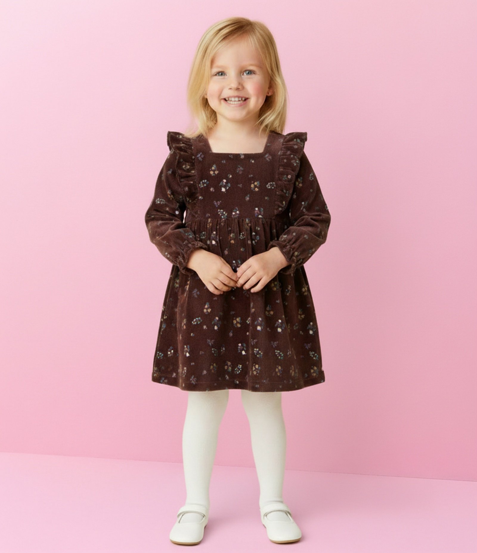 Vestido Infantil Floral com Babados e Meia Calça em Veludo - Tam 1 a 5/6 Anos Marrom Escuro 1