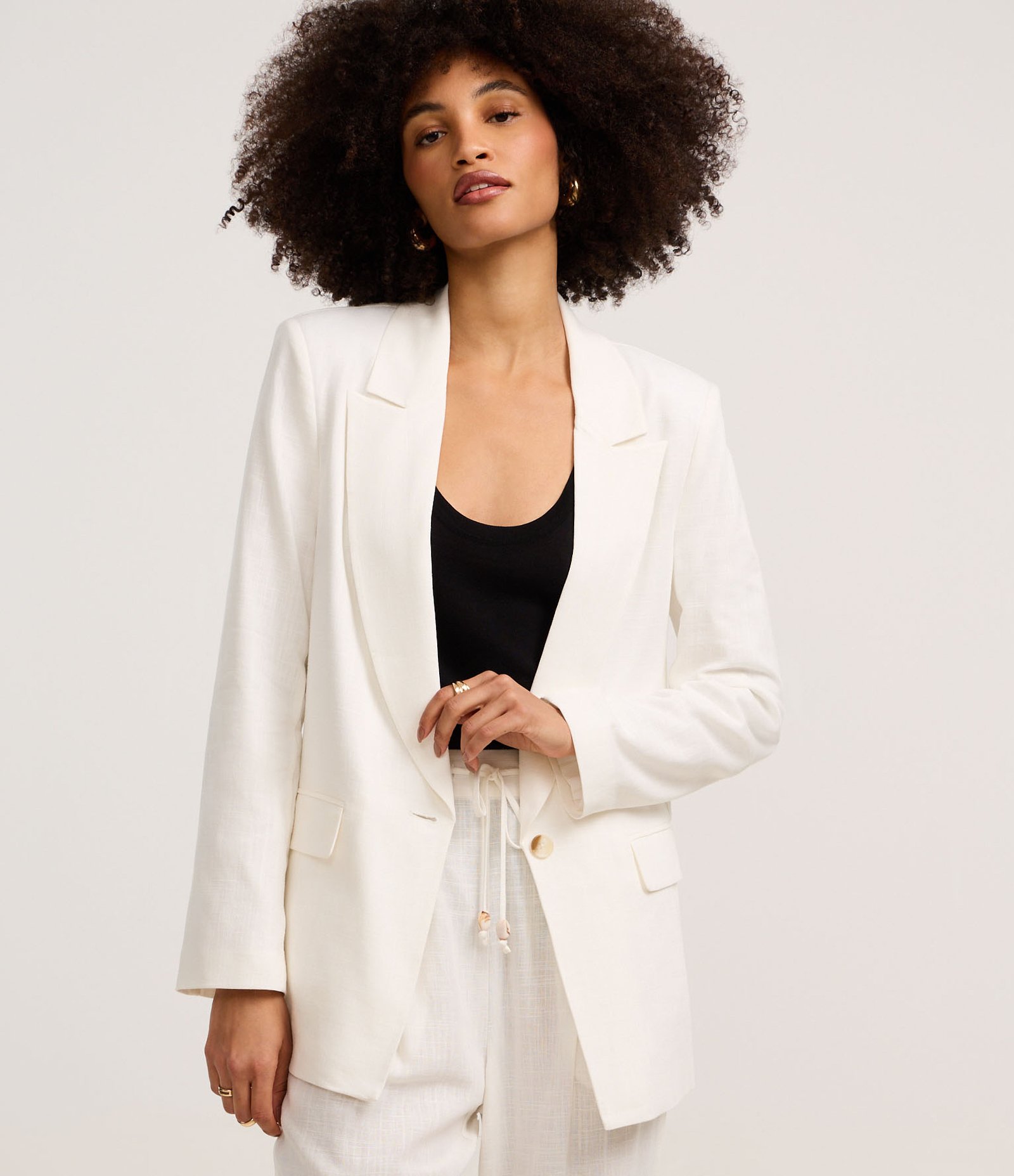 Blazer em Viscolinho com Lapelas e Botão Único Off White 1 1