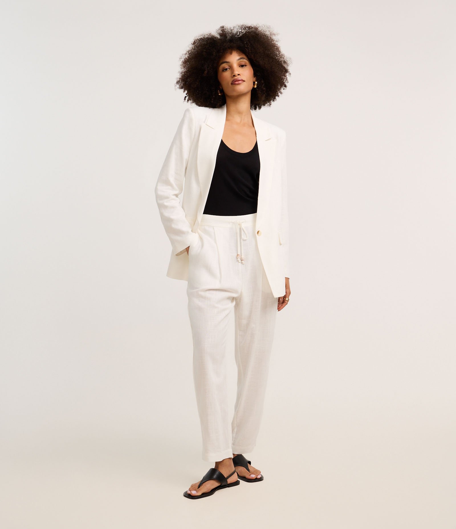 Blazer em Viscolinho com Lapelas e Botão Único Off White 1 2