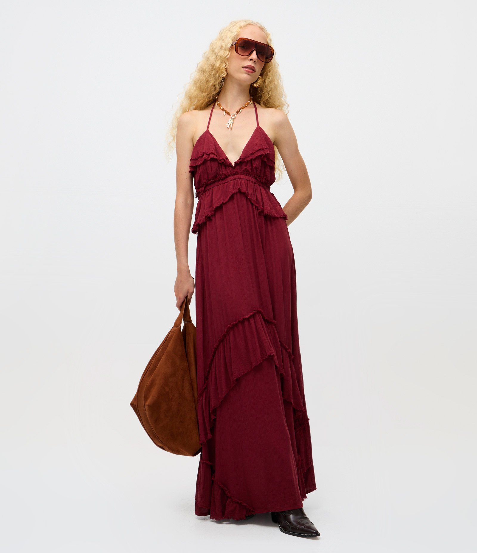 Vestido Longo com Babados e Amarração no Pescoço Vermelho 1