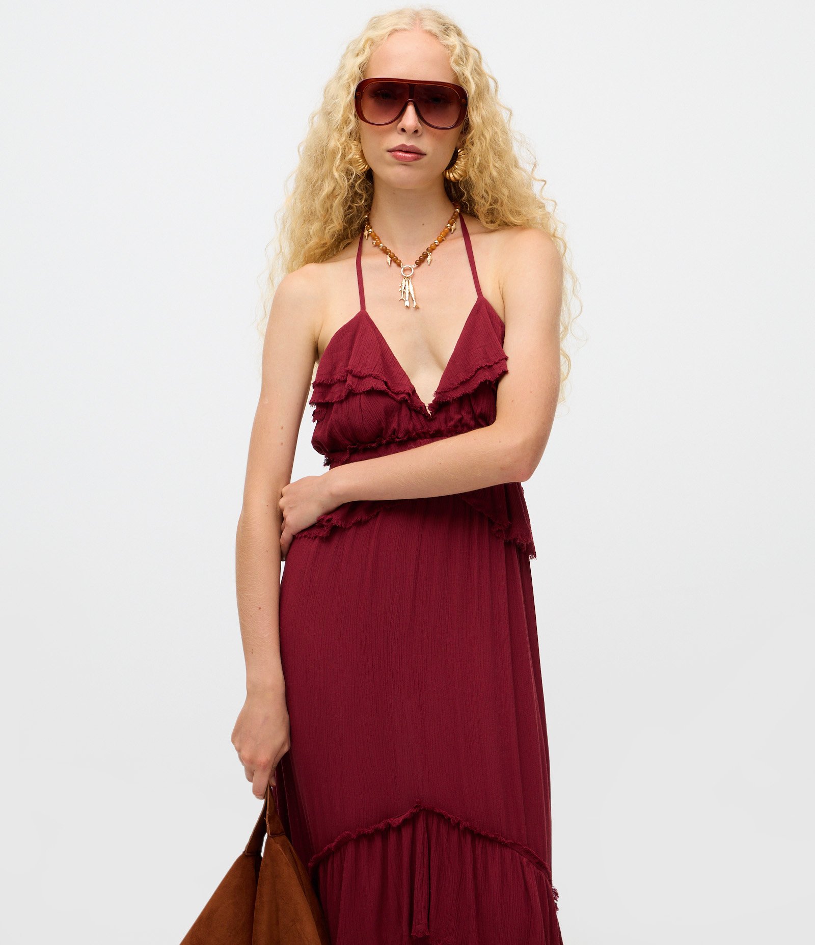 Vestido Longo com Babados e Amarração no Pescoço Vermelho 2