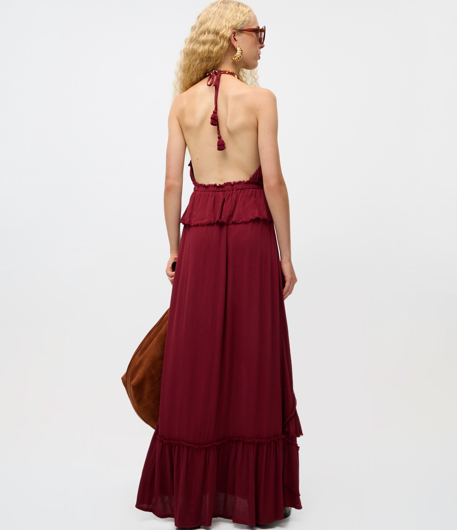 Vestido Longo com Babados e Amarração no Pescoço Vermelho 4
