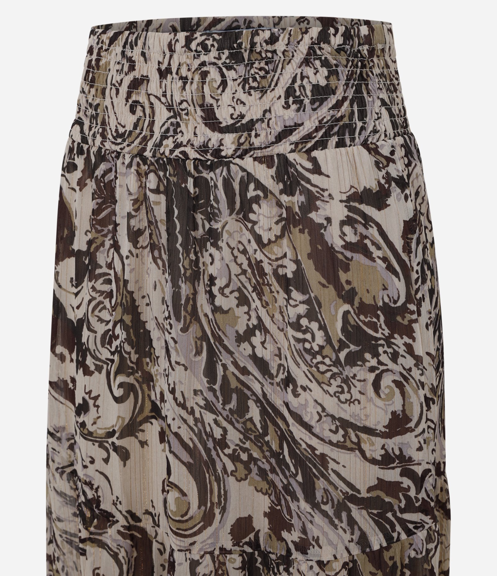 Saia Longa em Chiffon Paisley e Babado Bege/Marrom 2