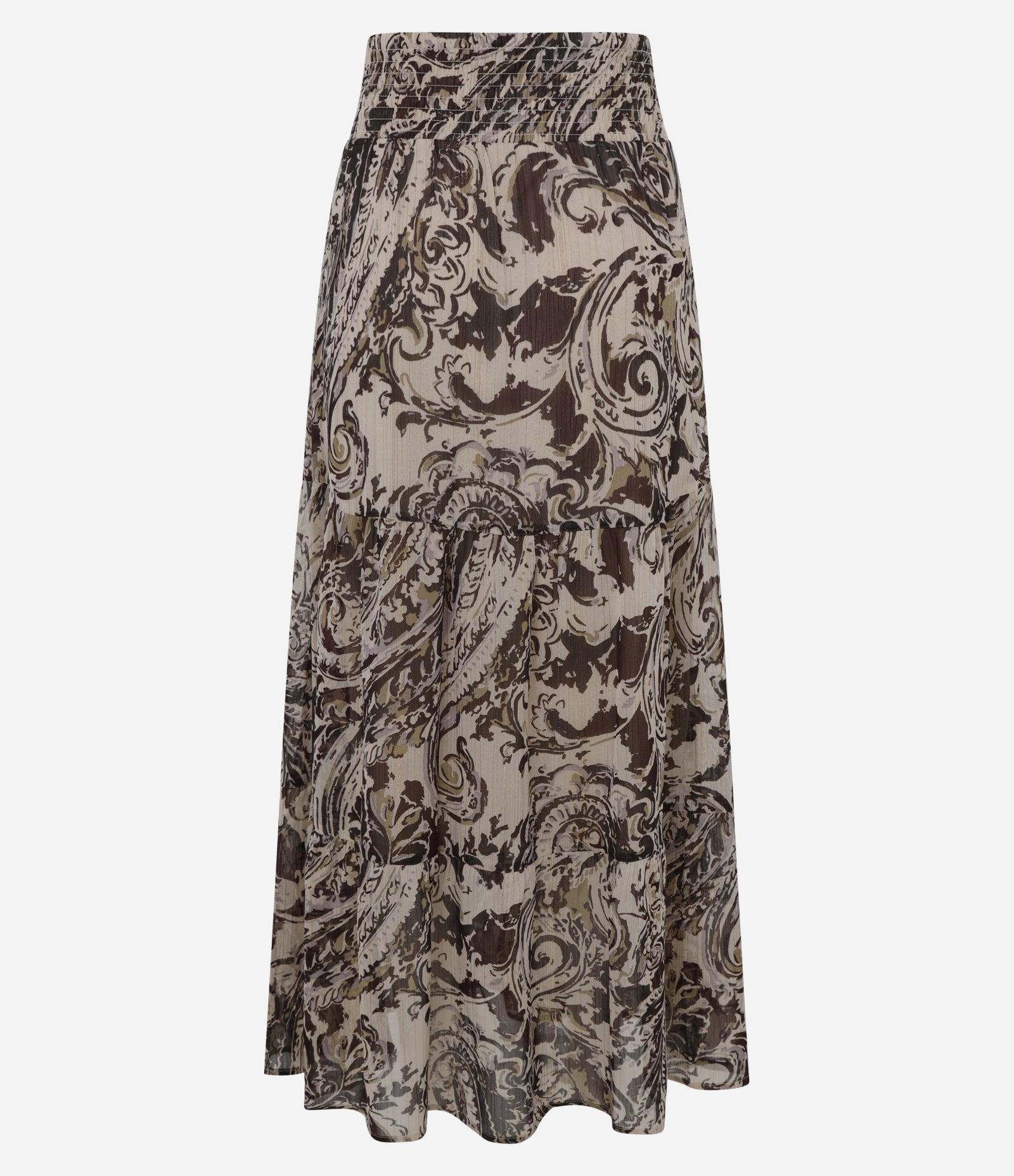 Saia Longa em Chiffon Paisley e Babado Bege/Marrom 3