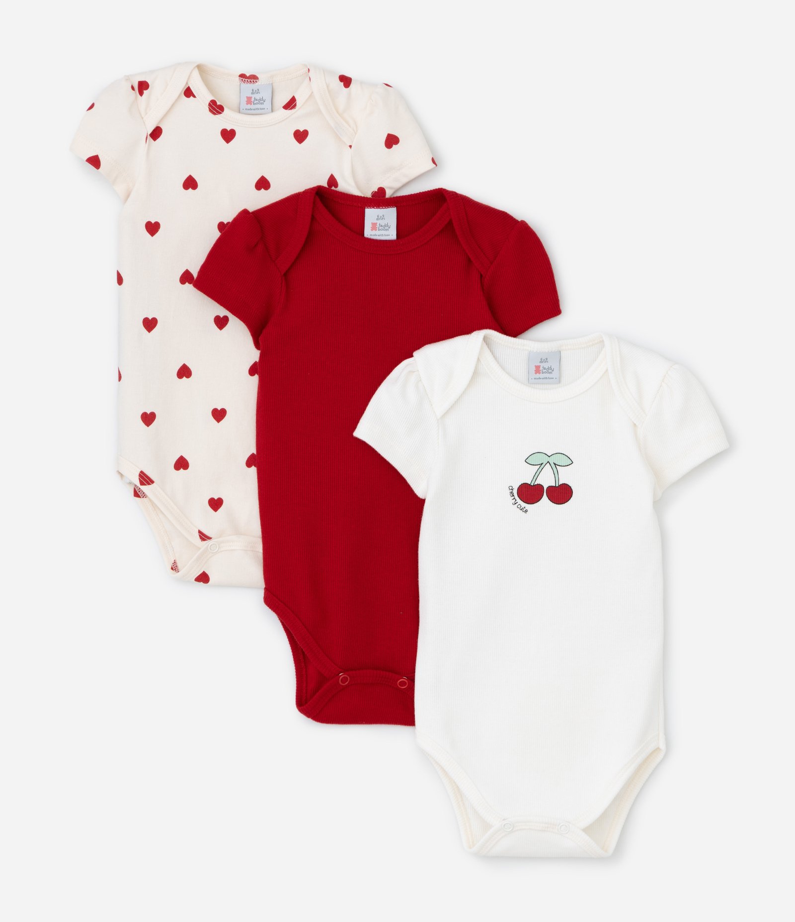 Kit 03 Bodies Infantis em Algodão com Estampa - Tam RN a 18 meses Bege/Vermelho/Branco 1