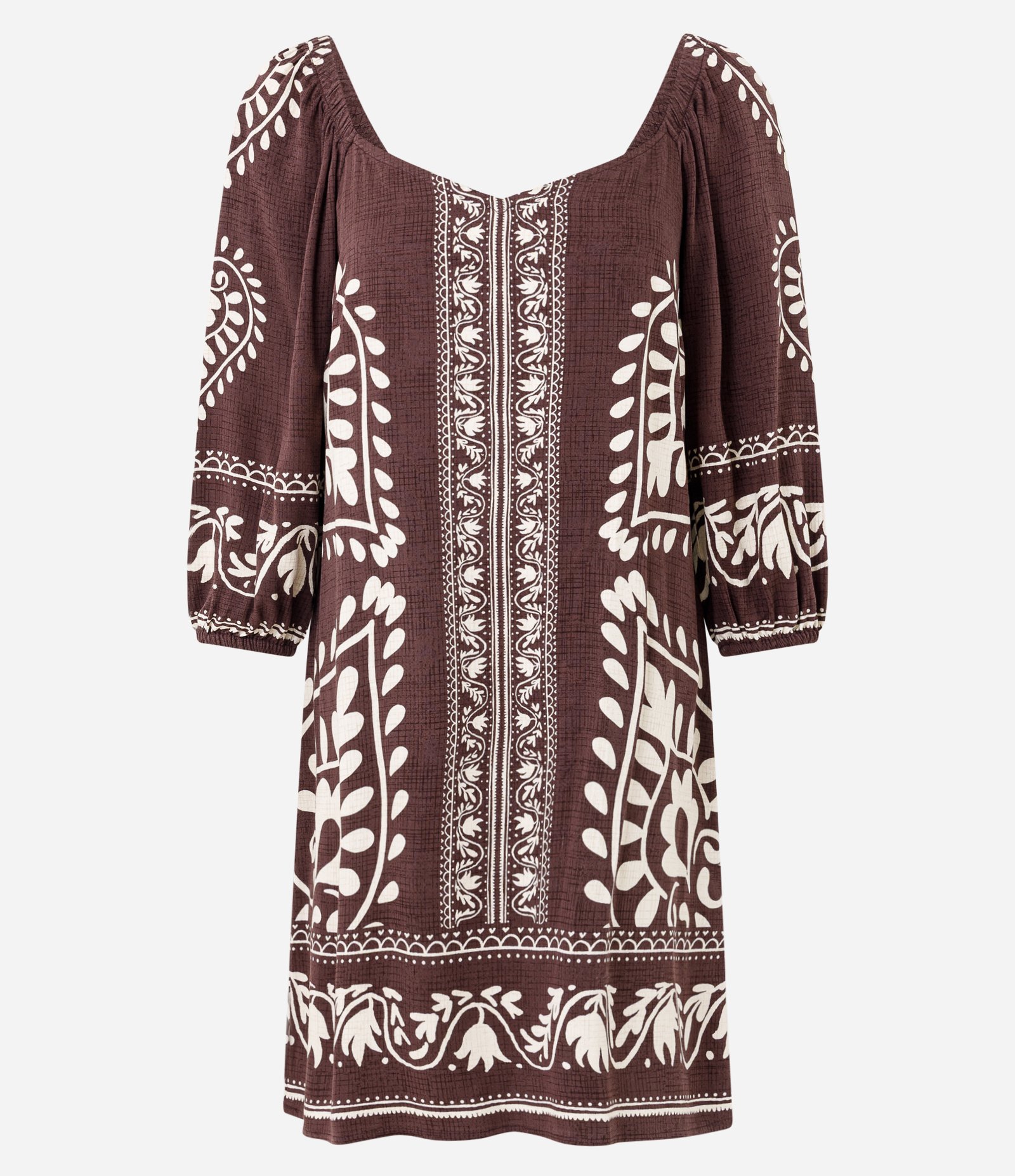 Vestido Curto em Viscose com Estampa de Folhagens Marrom 1