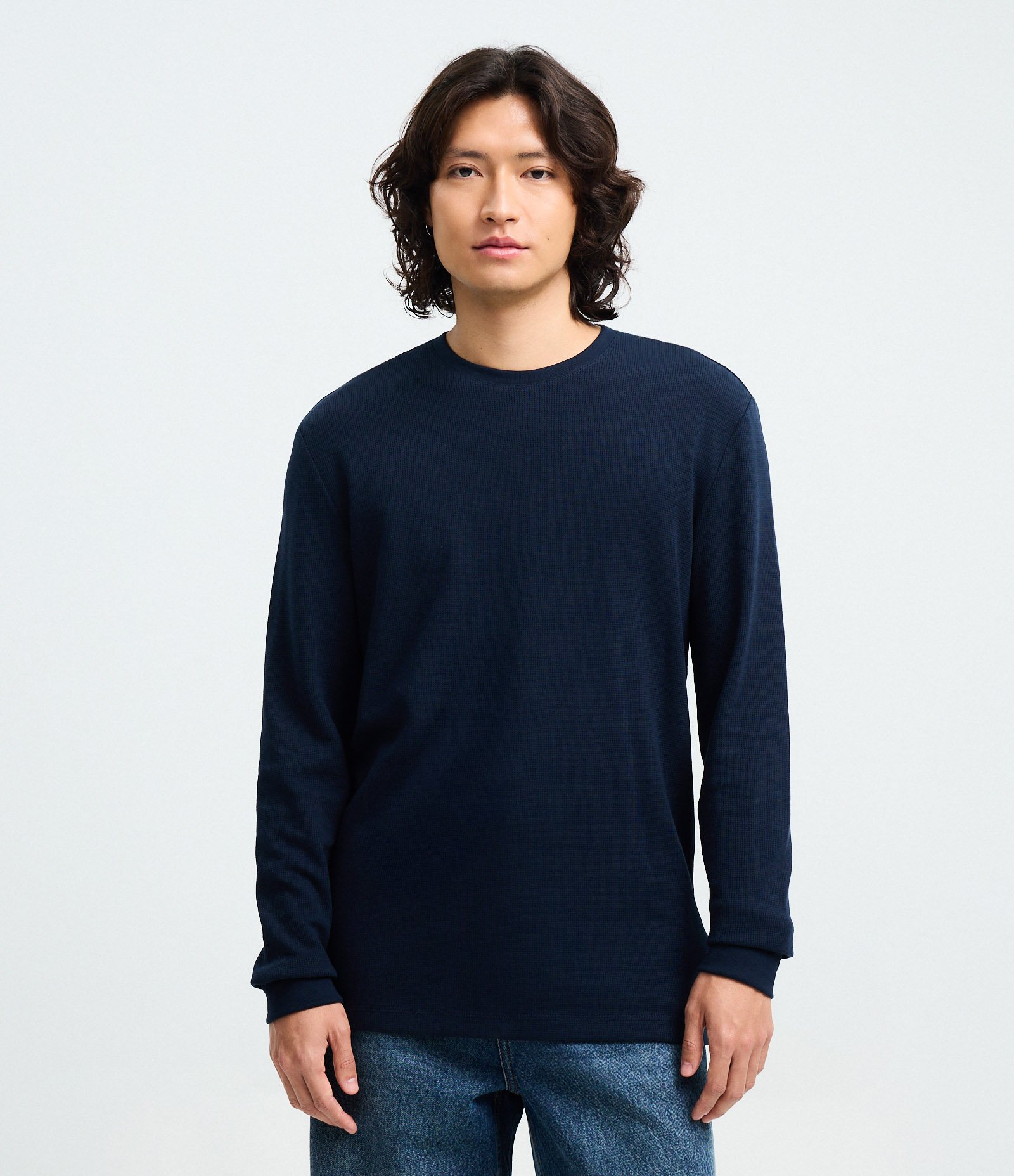 Camiseta Regular em Algodão com Textura Waffle Azul Marinho 1